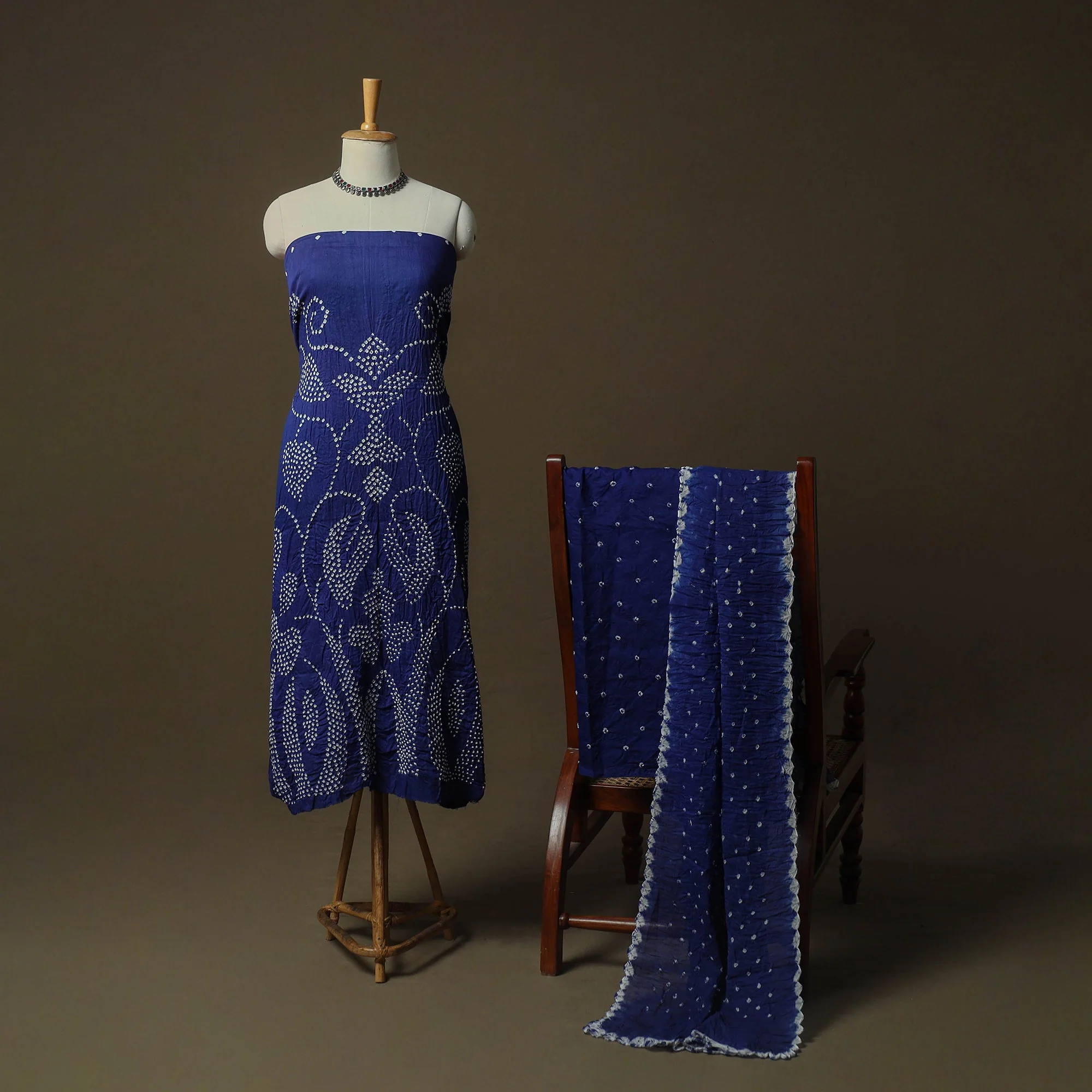 Blue - Kutch Tie-Dye Satin Cotton Bandhani 3pc Unstitched Dress Material Suit Set  12