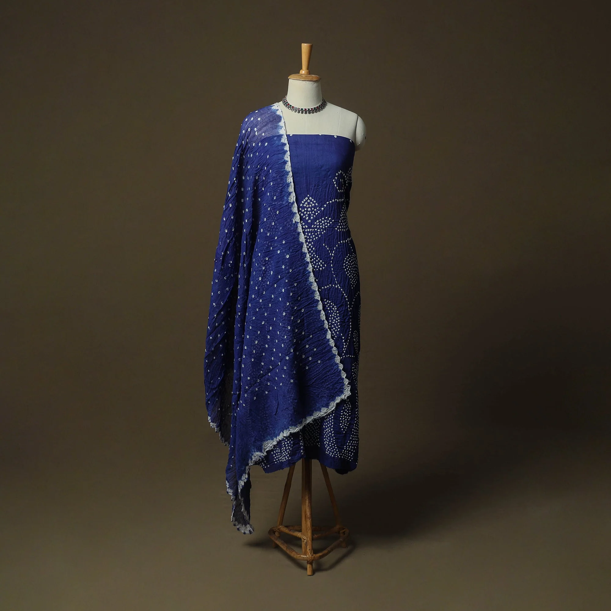 Blue - Kutch Tie-Dye Satin Cotton Bandhani 3pc Unstitched Dress Material Suit Set  12 - Image 2