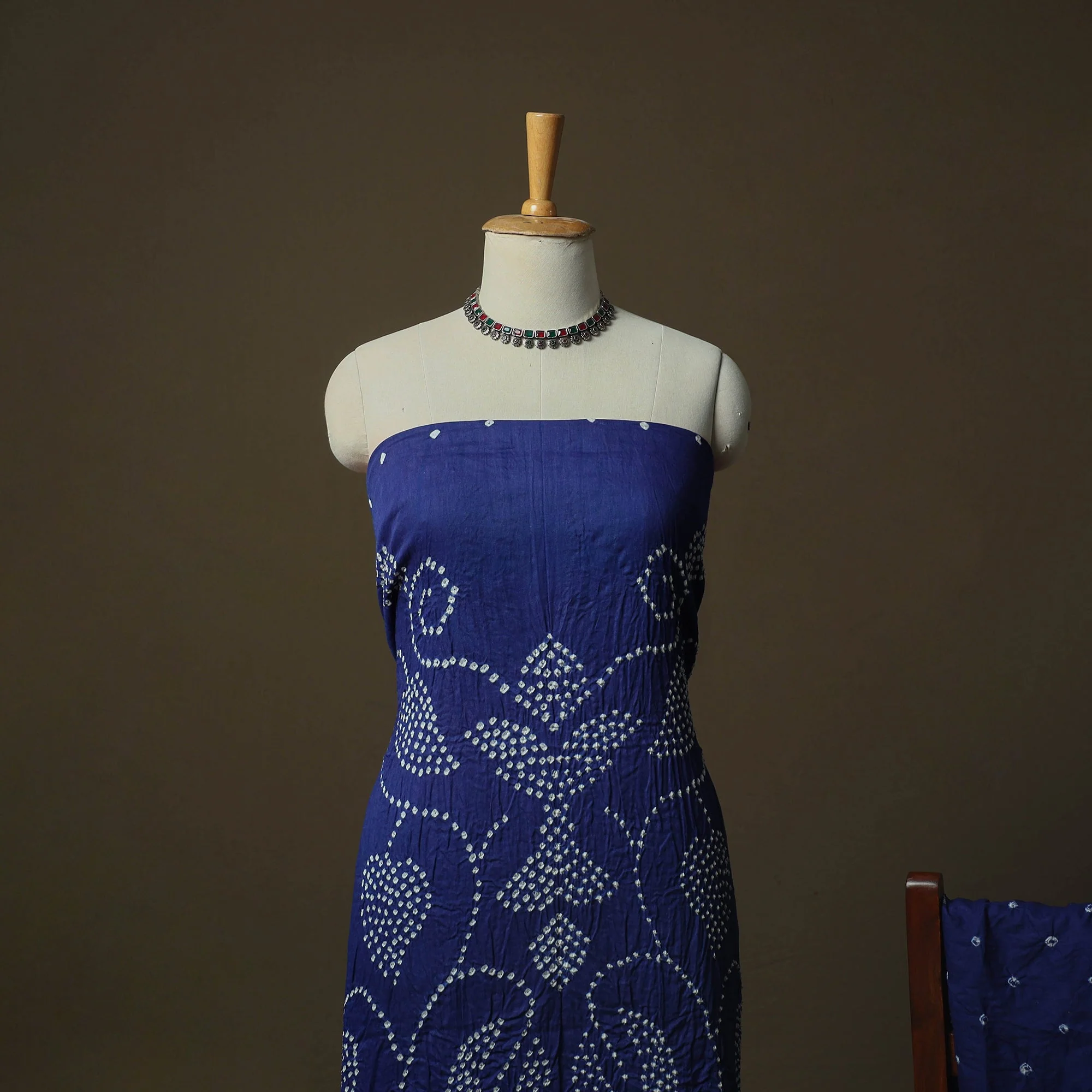 Blue - Kutch Tie-Dye Satin Cotton Bandhani 3pc Unstitched Dress Material Suit Set  12 - Image 3