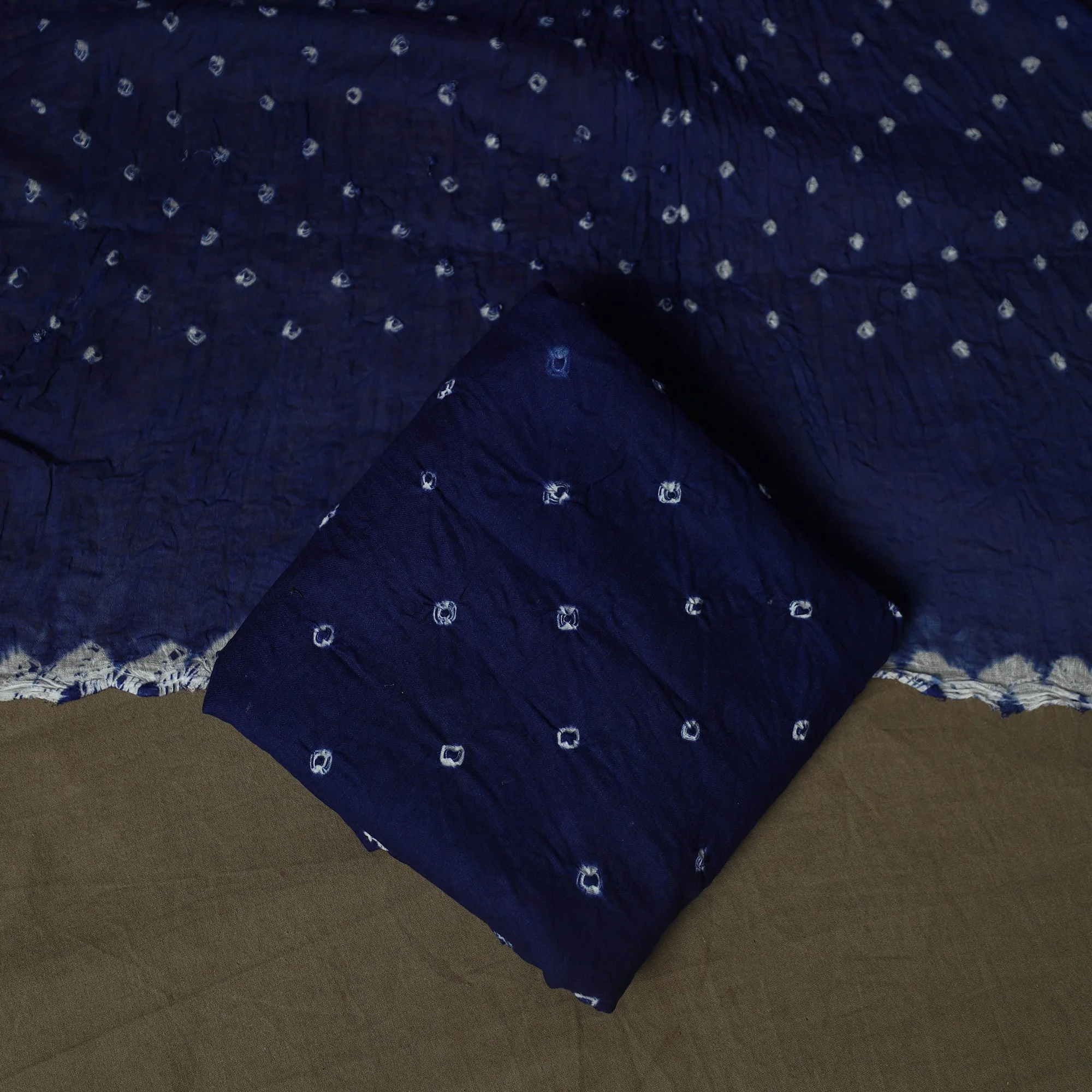 Blue - Kutch Tie-Dye Satin Cotton Bandhani 3pc Unstitched Dress Material Suit Set  12 - Image 5