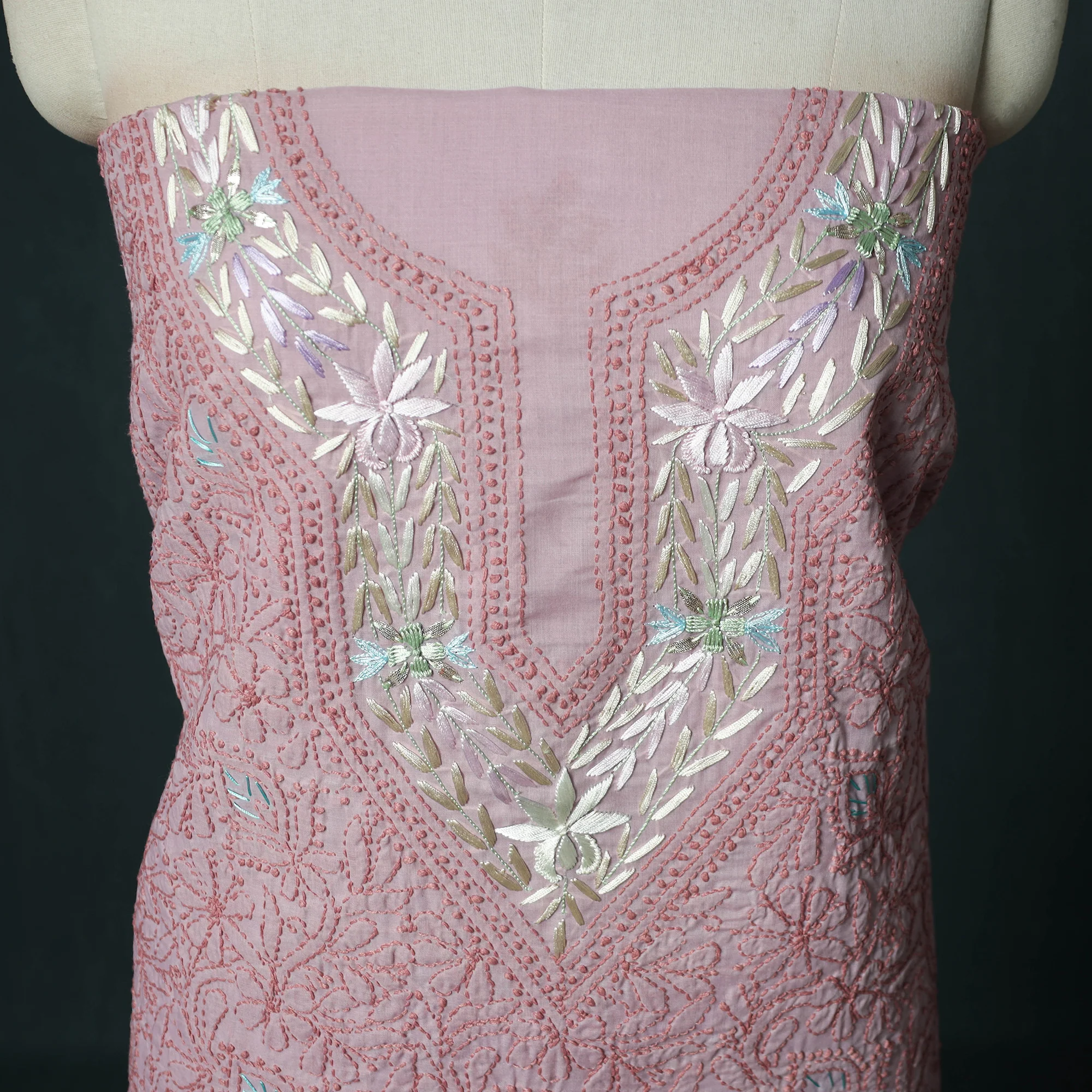 Lucknow Chikankari Parsi Style Hand Embroidered Pure Mul Cotton Unstitched Kurta Material (2.8M) 04 - Image 3