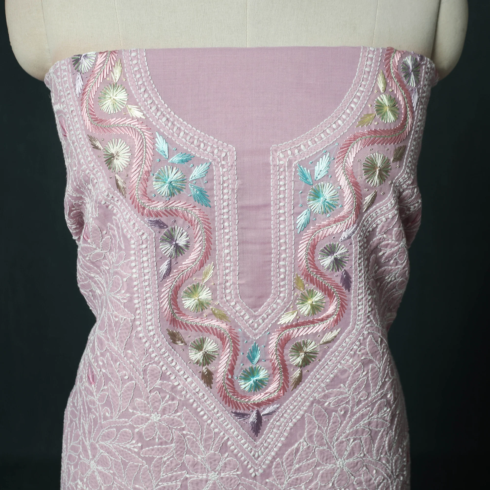 Lucknow Chikankari Parsi Style Hand Embroidered Pure Mul Cotton Unstitched Kurta Material (2.8M) 05 - Image 3