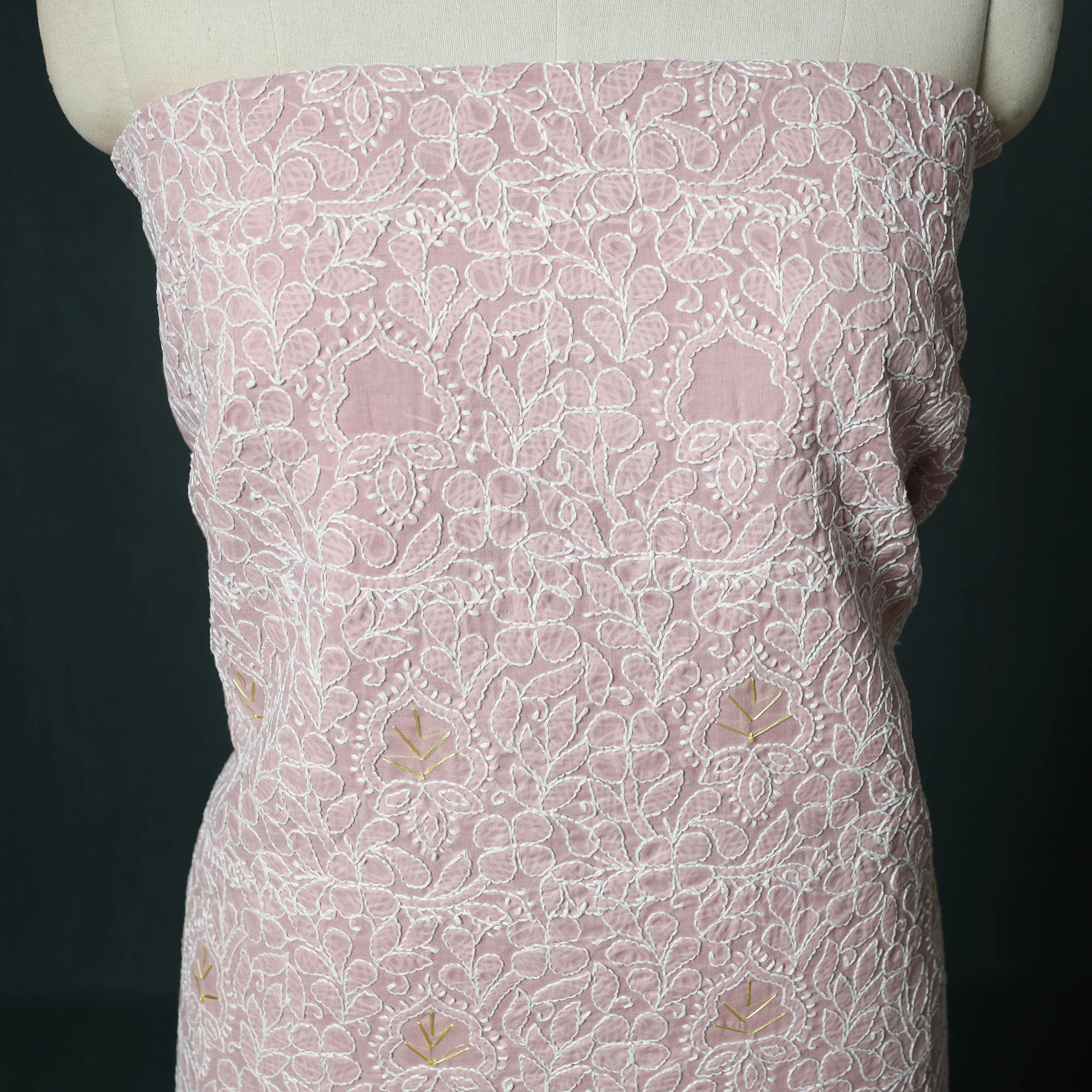 Lucknow Chikankari Parsi Style Hand Embroidered Pure Mul Cotton Unstitched Kurta Material (2.8M) 06 - Image 3