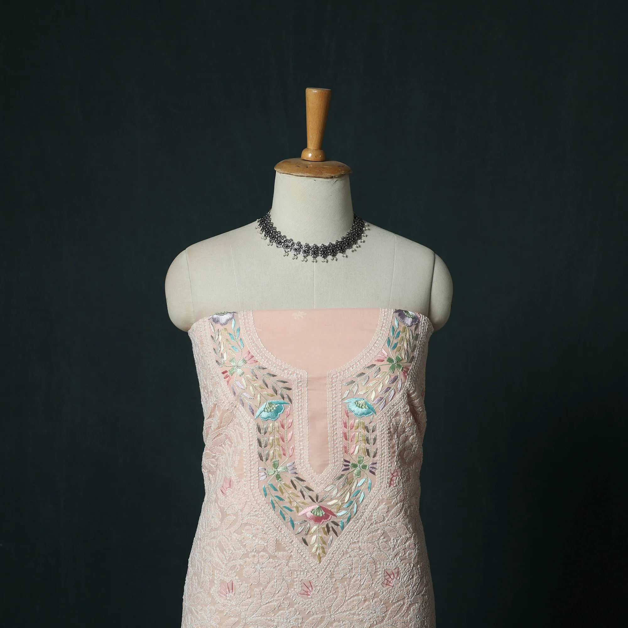 Lucknow Chikankari Parsi Style Hand Embroidered Pure Mul Cotton Unstitched Kurta Material (2.8M) 08 - Image 2