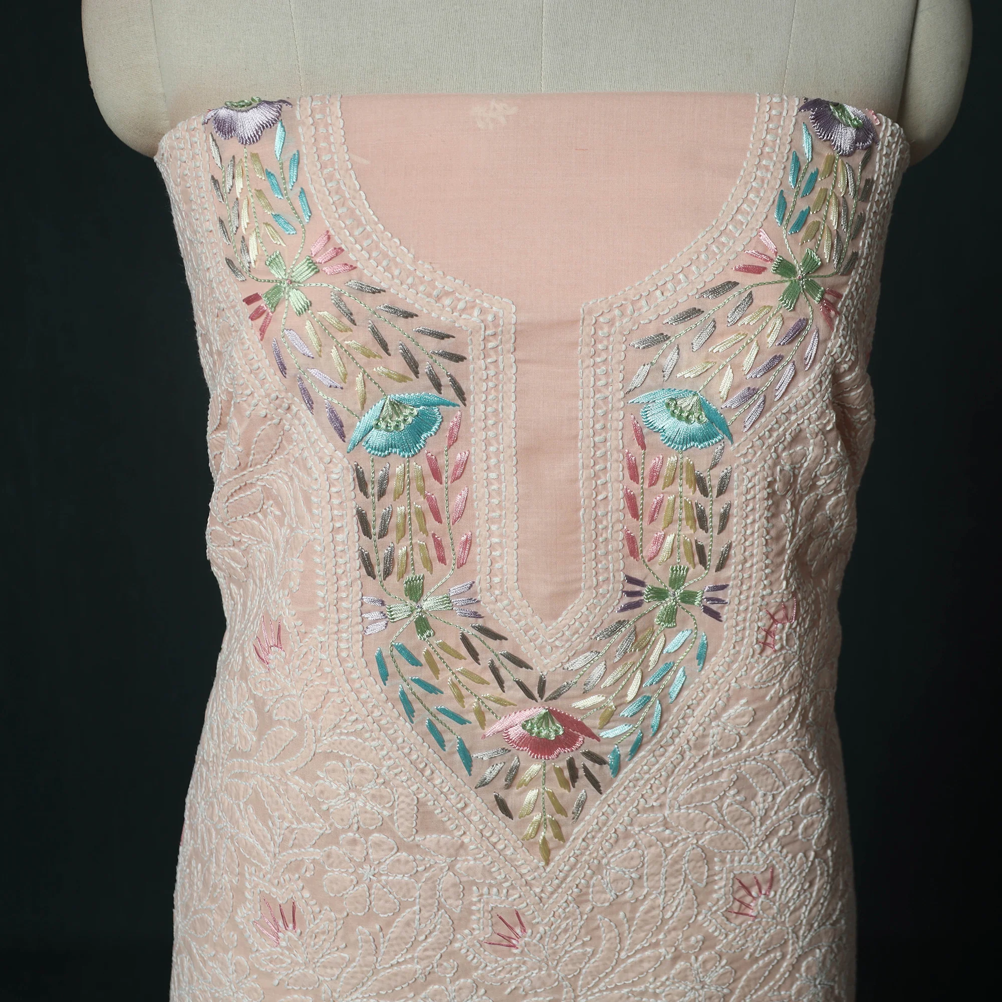 Lucknow Chikankari Parsi Style Hand Embroidered Pure Mul Cotton Unstitched Kurta Material (2.8M) 08 - Image 3