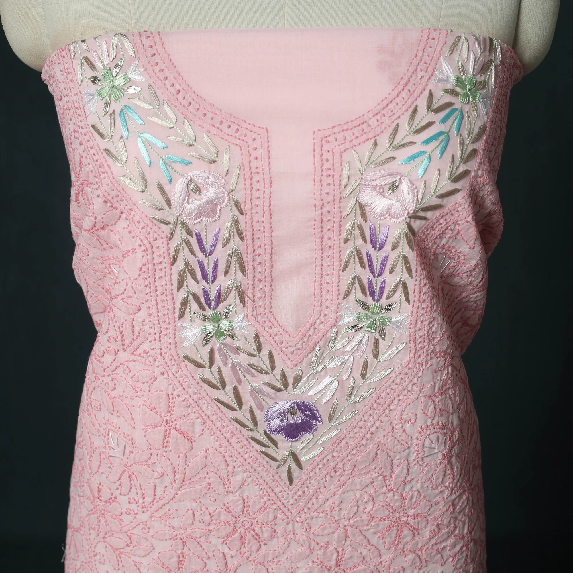 Lucknow Chikankari Parsi Style Hand Embroidered Pure Mul Cotton Unstitched Kurta Material (2.8M) 09 - Image 3