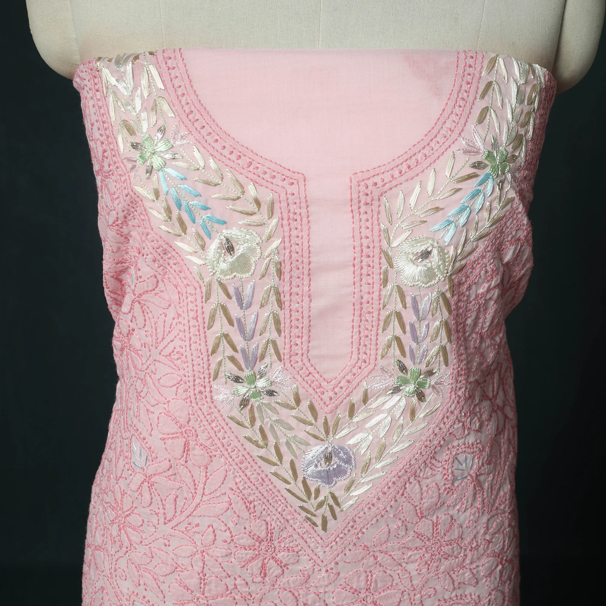 Lucknow Chikankari Parsi Style Hand Embroidered Pure Mul Cotton Unstitched Kurta Material (2.8M) 11 - Image 3