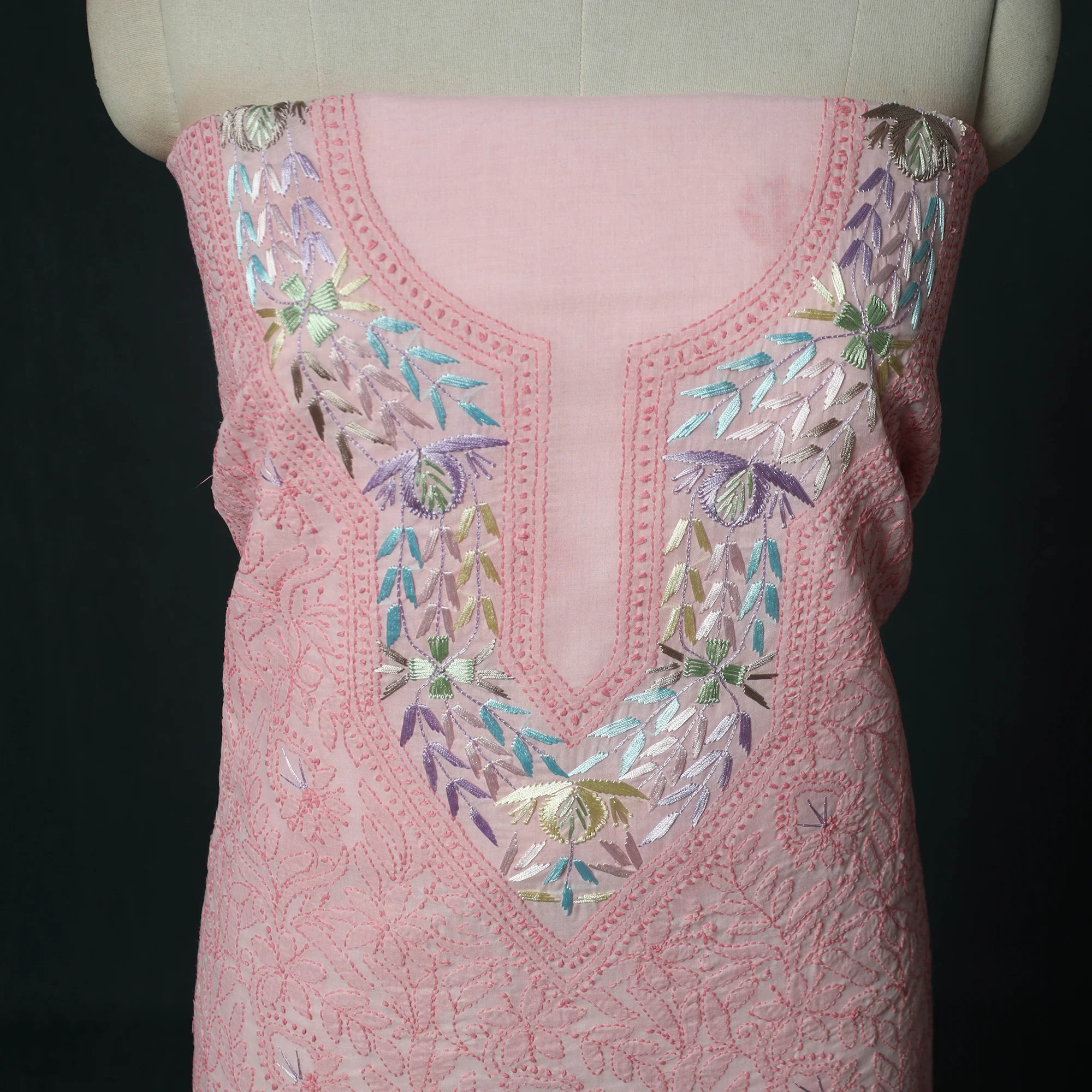 Lucknow Chikankari Parsi Style Hand Embroidered Pure Mul Cotton Unstitched Kurta Material (2.8M) 12 - Image 3