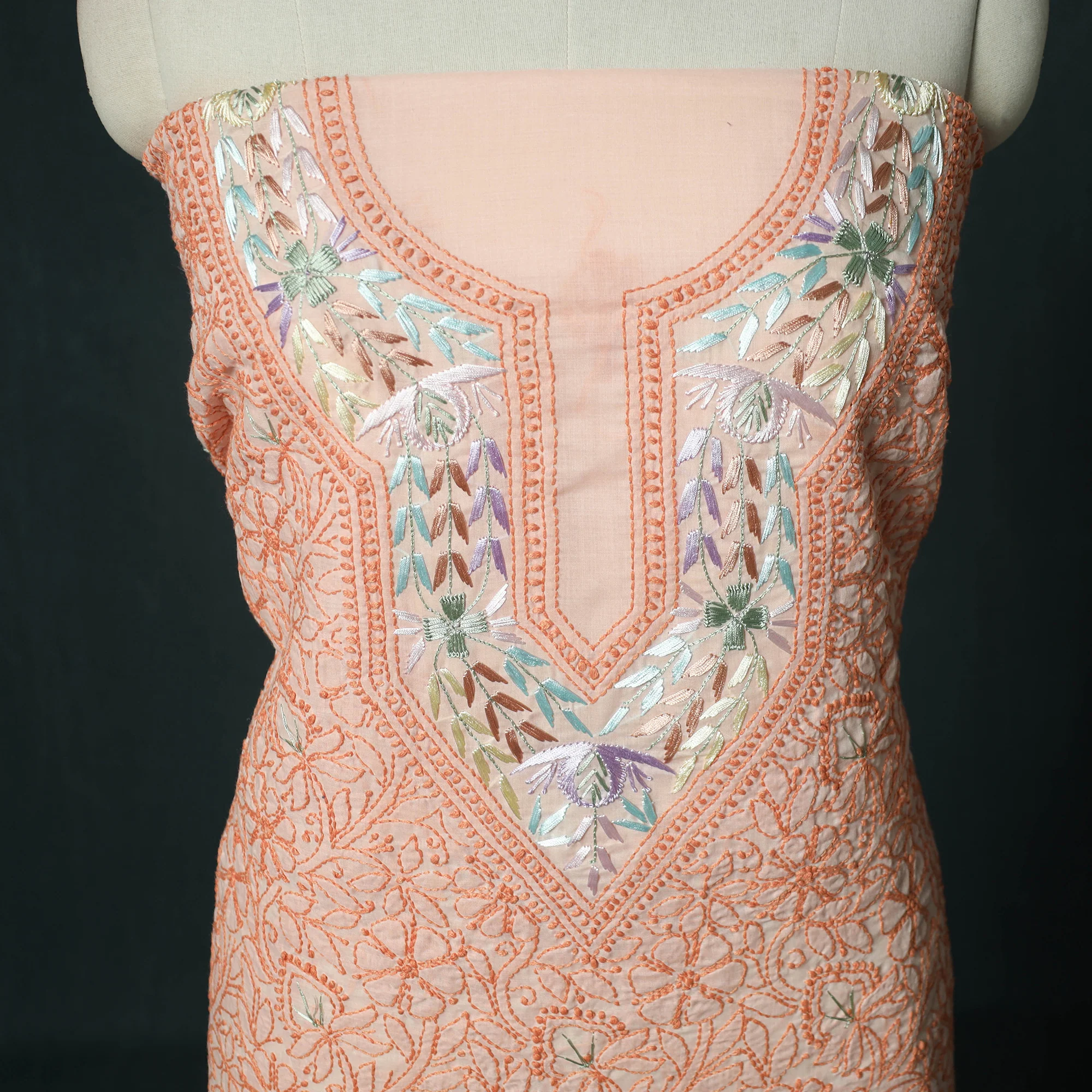 Lucknow Chikankari Parsi Style Hand Embroidered Pure Mul Cotton Unstitched Kurta Material (2.8M) 22 - Image 3