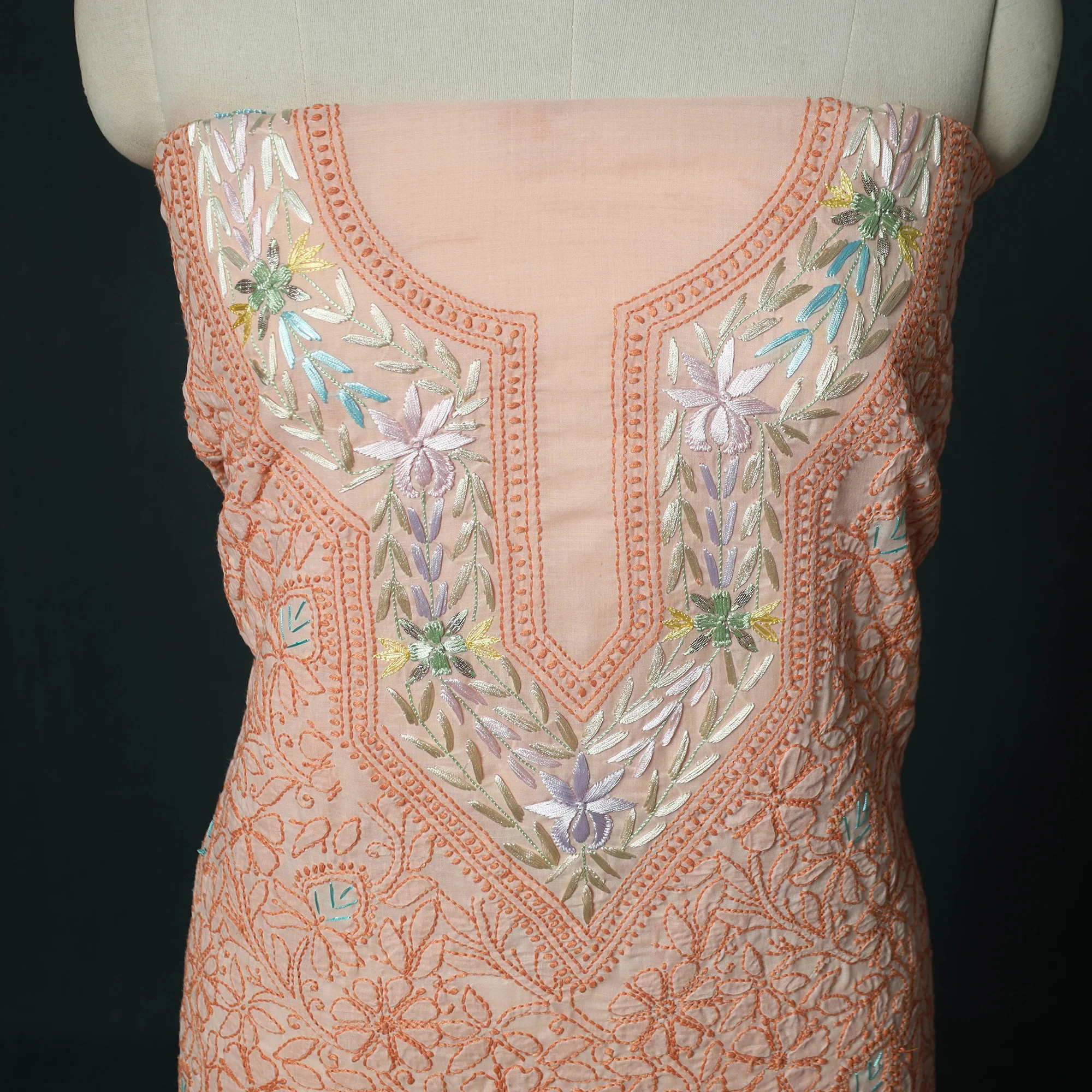 Lucknow Chikankari Parsi Style Hand Embroidered Pure Mul Cotton Unstitched Kurta Material (2.8M) 23 - Image 3