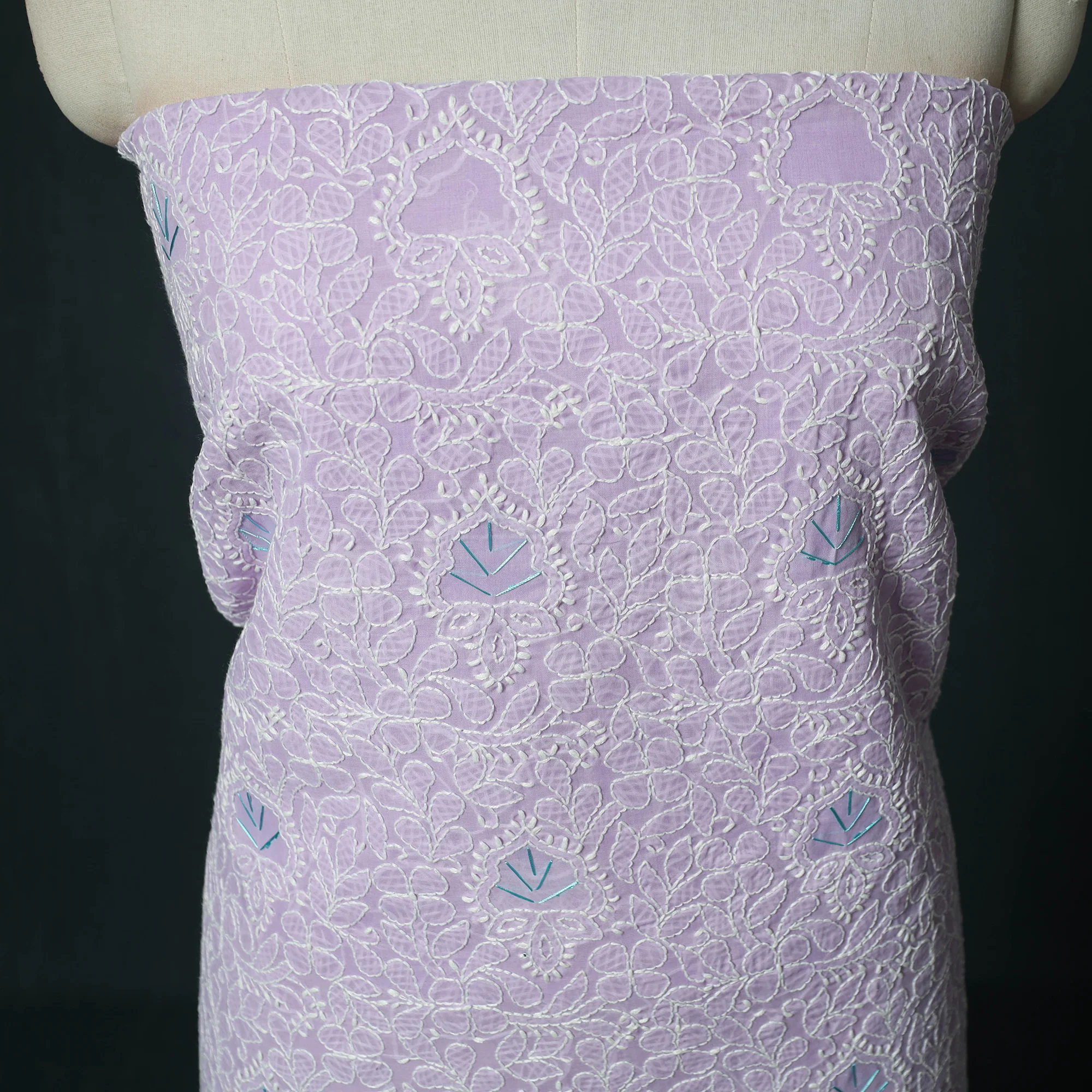 Lucknow Chikankari Parsi Style Hand Embroidered Pure Mul Cotton Unstitched Kurta Material (2.8M) 24 - Image 3