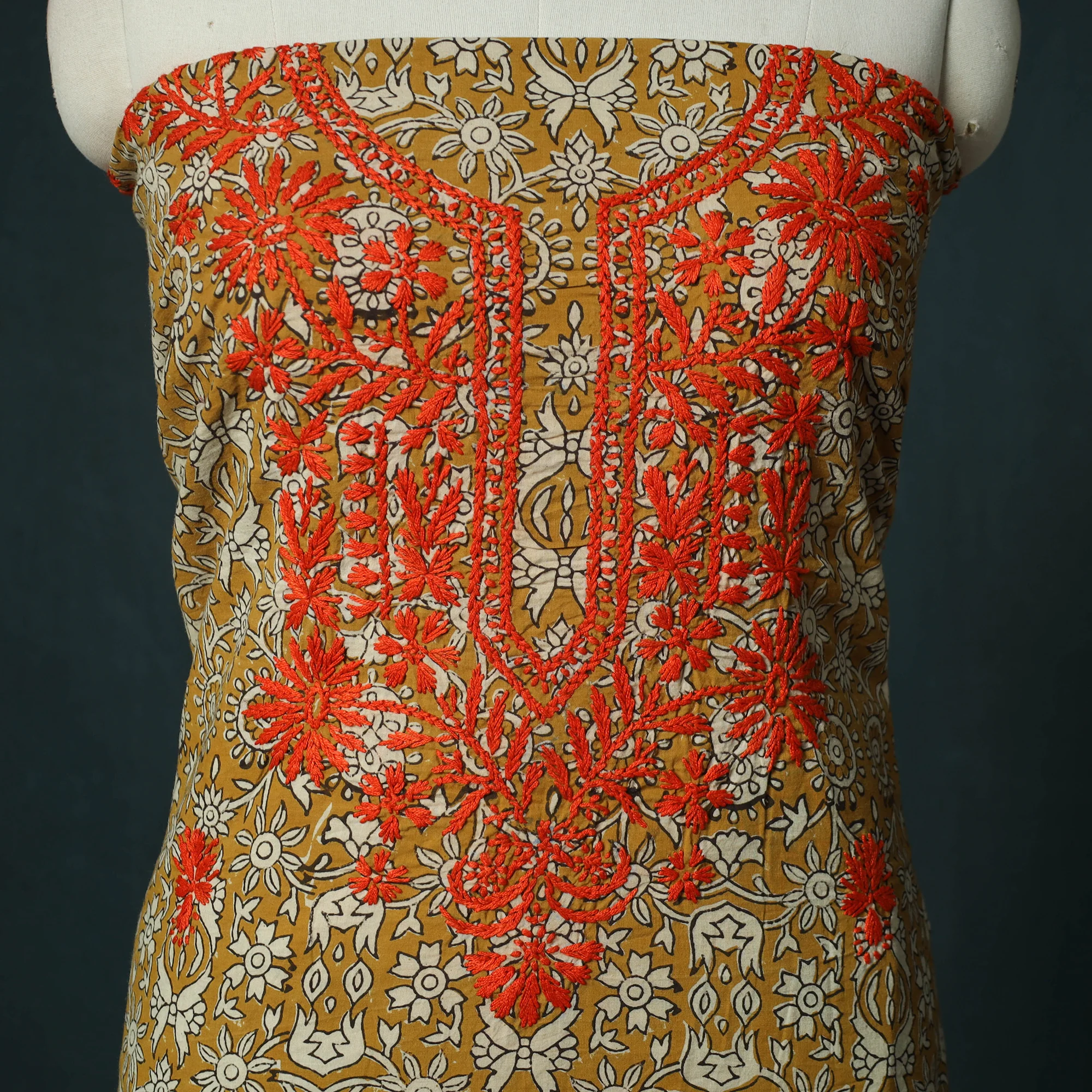 Lucknowi Chikankari Hand Embroidered Bagru Cotton Unstitched Kurta Material (2.5M) 02 - Image 3