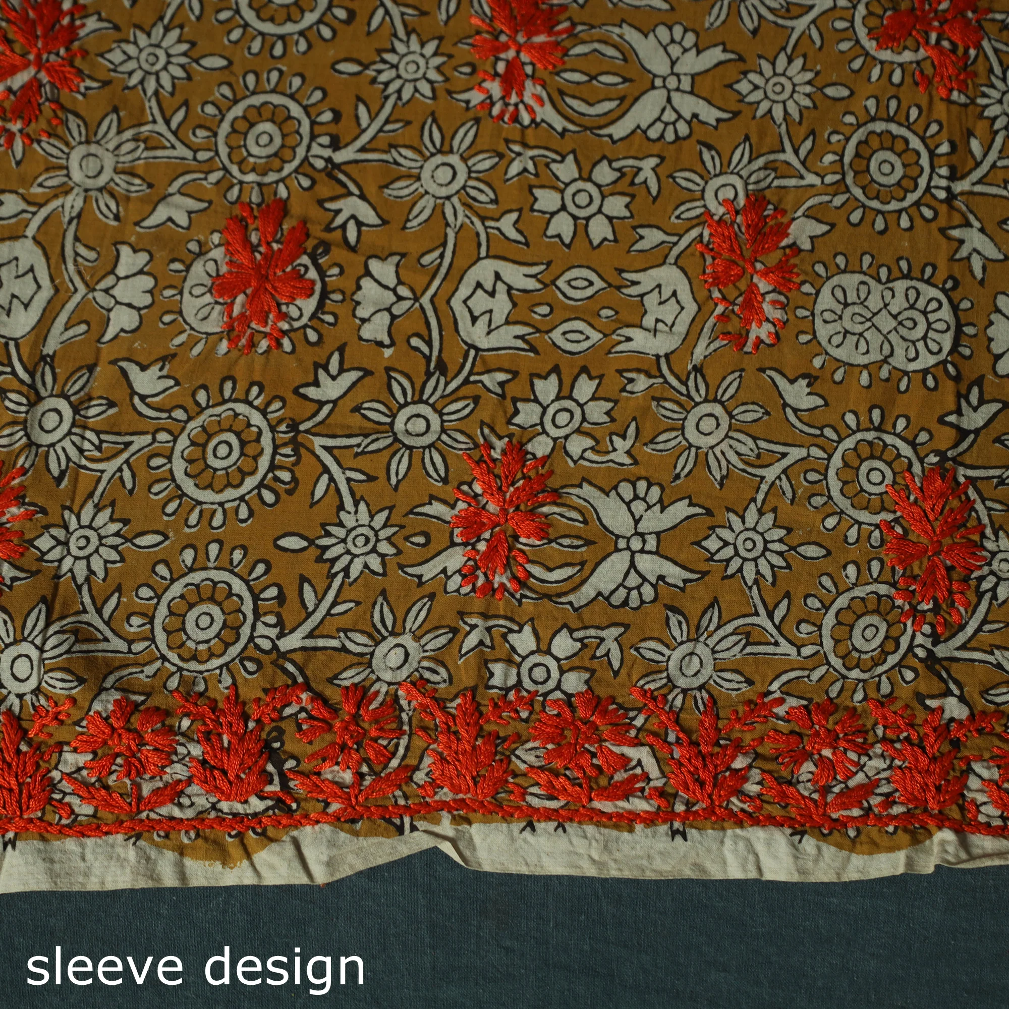Lucknowi Chikankari Hand Embroidered Bagru Cotton Unstitched Kurta Material (2.5M) 02 - Image 4