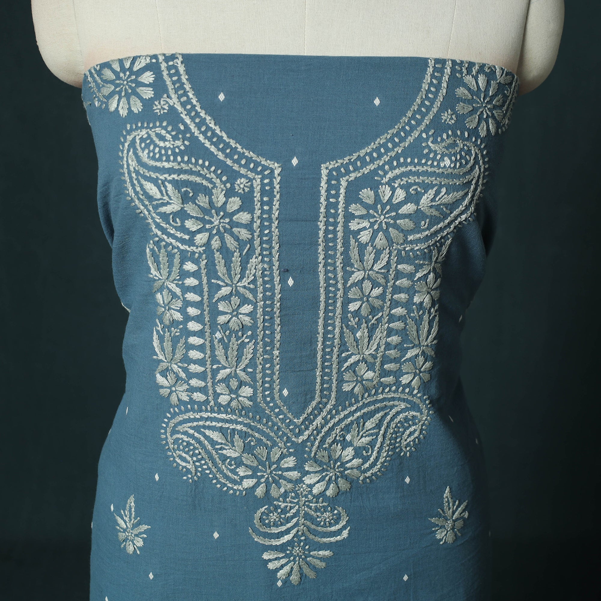 Lucknowi Chikankari Hand Embroidered Jacquard Cotton Unstitched Kurta Material (2.5M) 36 - Image 3