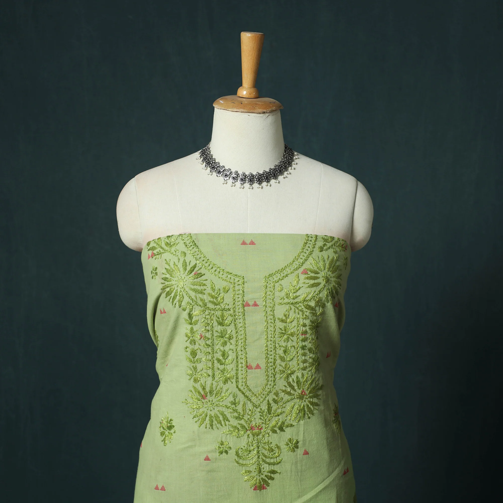 Lucknowi Chikankari Hand Embroidered Jacquard Cotton Unstitched Kurta Material (2.5M) 37 - Image 2