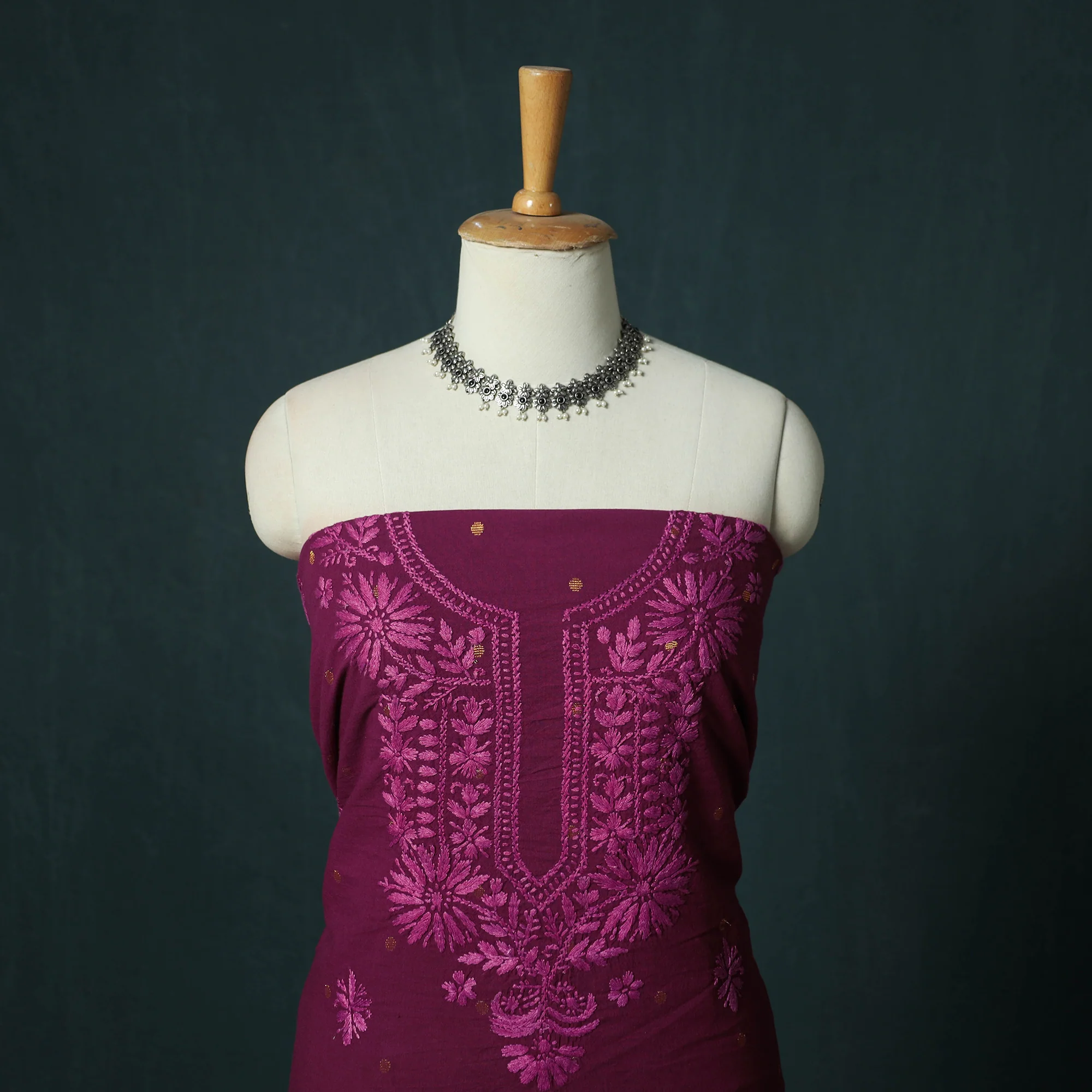 Lucknowi Chikankari Hand Embroidered Jacquard Cotton Unstitched Kurta Material (2.5M) 39 - Image 2