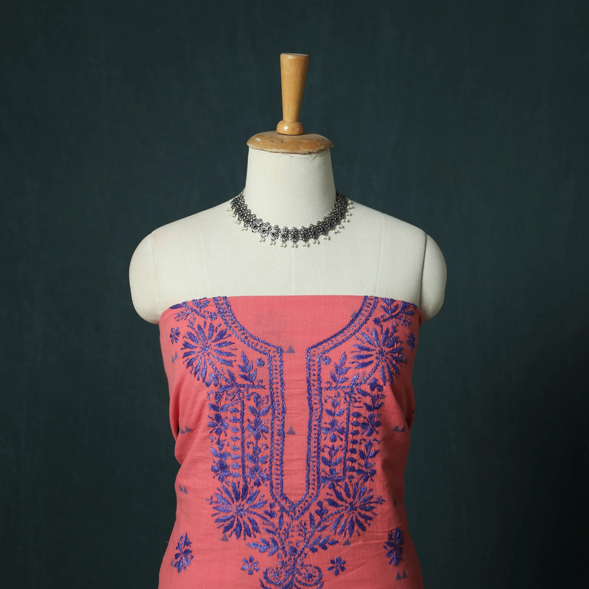 Lucknowi Chikankari Hand Embroidered Jacquard Cotton Unstitched Kurta Material (2.5M) 40 - Image 2