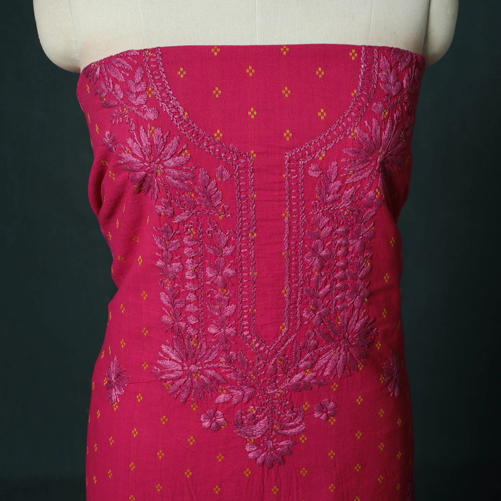 Lucknowi Chikankari Hand Embroidered Jacquard Cotton Unstitched Kurta Material (2.5M) 41 - Image 3