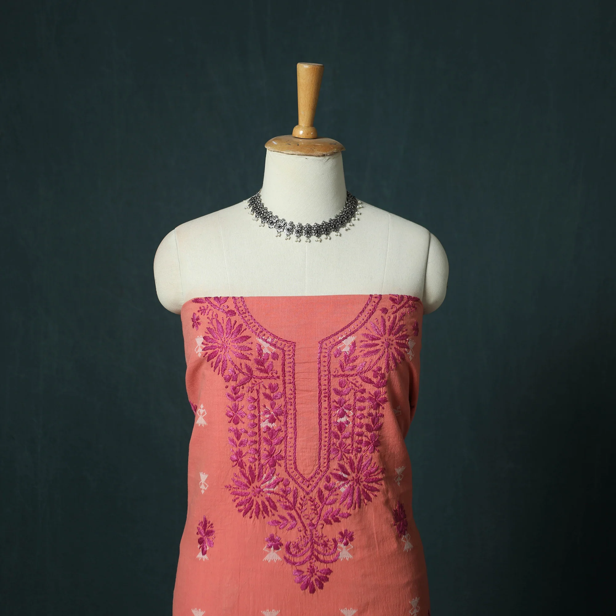 Lucknowi Chikankari Hand Embroidered Jacquard Cotton Unstitched Kurta Material (2.5M) 42 - Image 2
