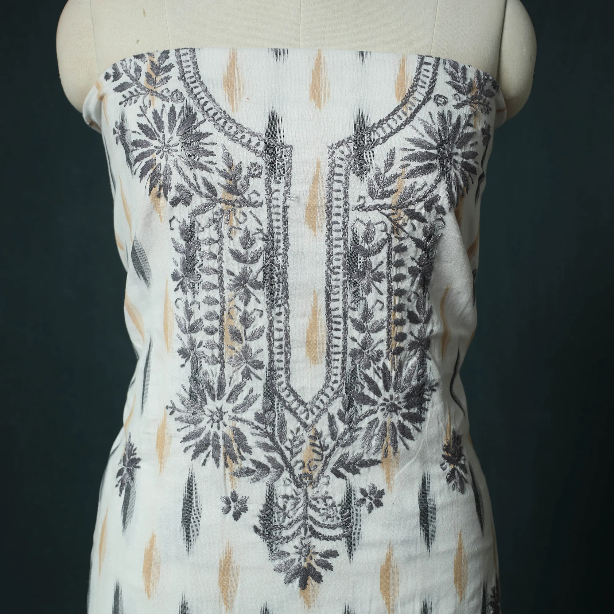 Lucknowi Chikankari Hand Embroidered Pochampally Ikat Cotton Unstitched Kurta Material (2.5M) 26 - Image 3