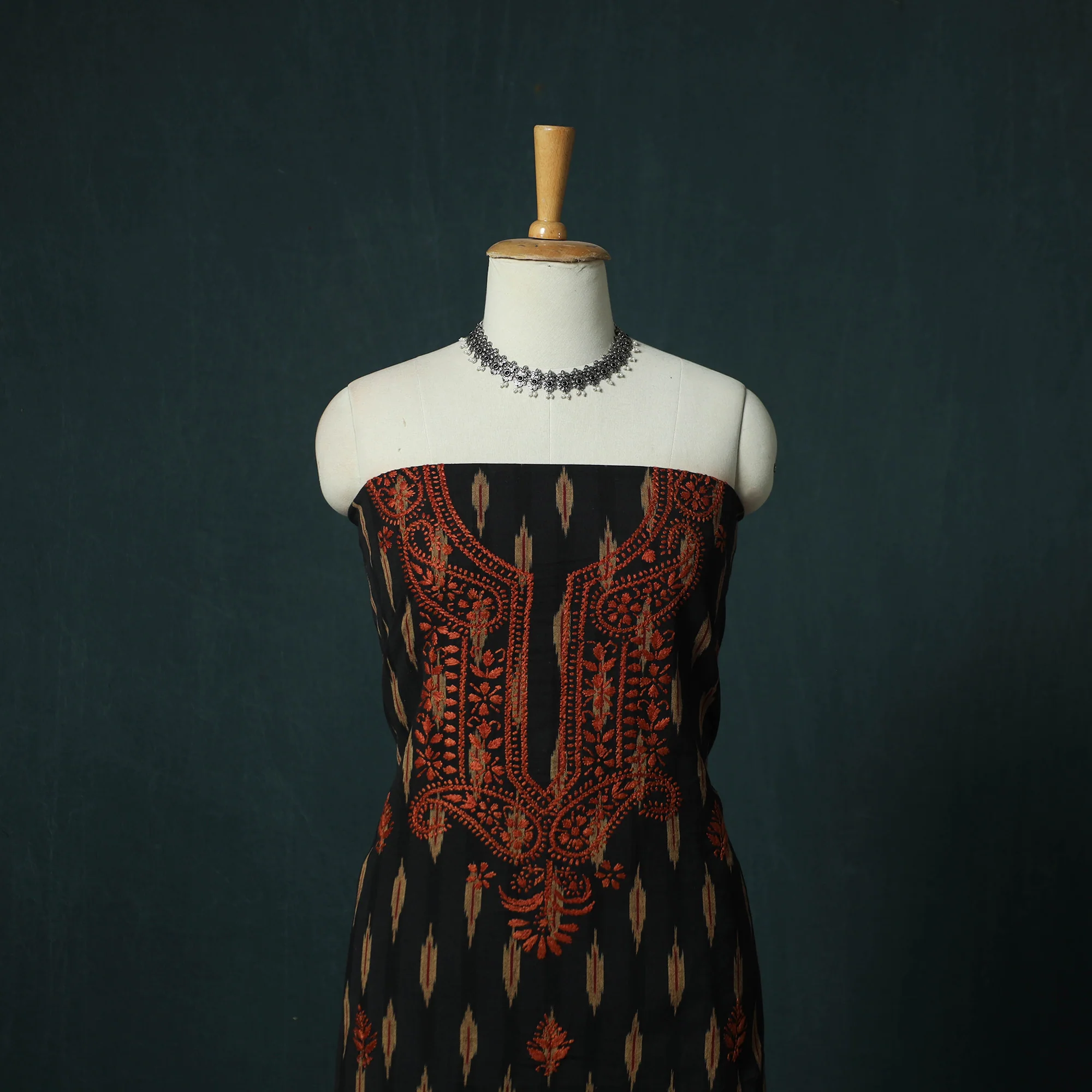 Lucknowi Chikankari Hand Embroidered Pochampally Ikat Cotton Unstitched Kurta Material (2.5M) 27 - Image 2