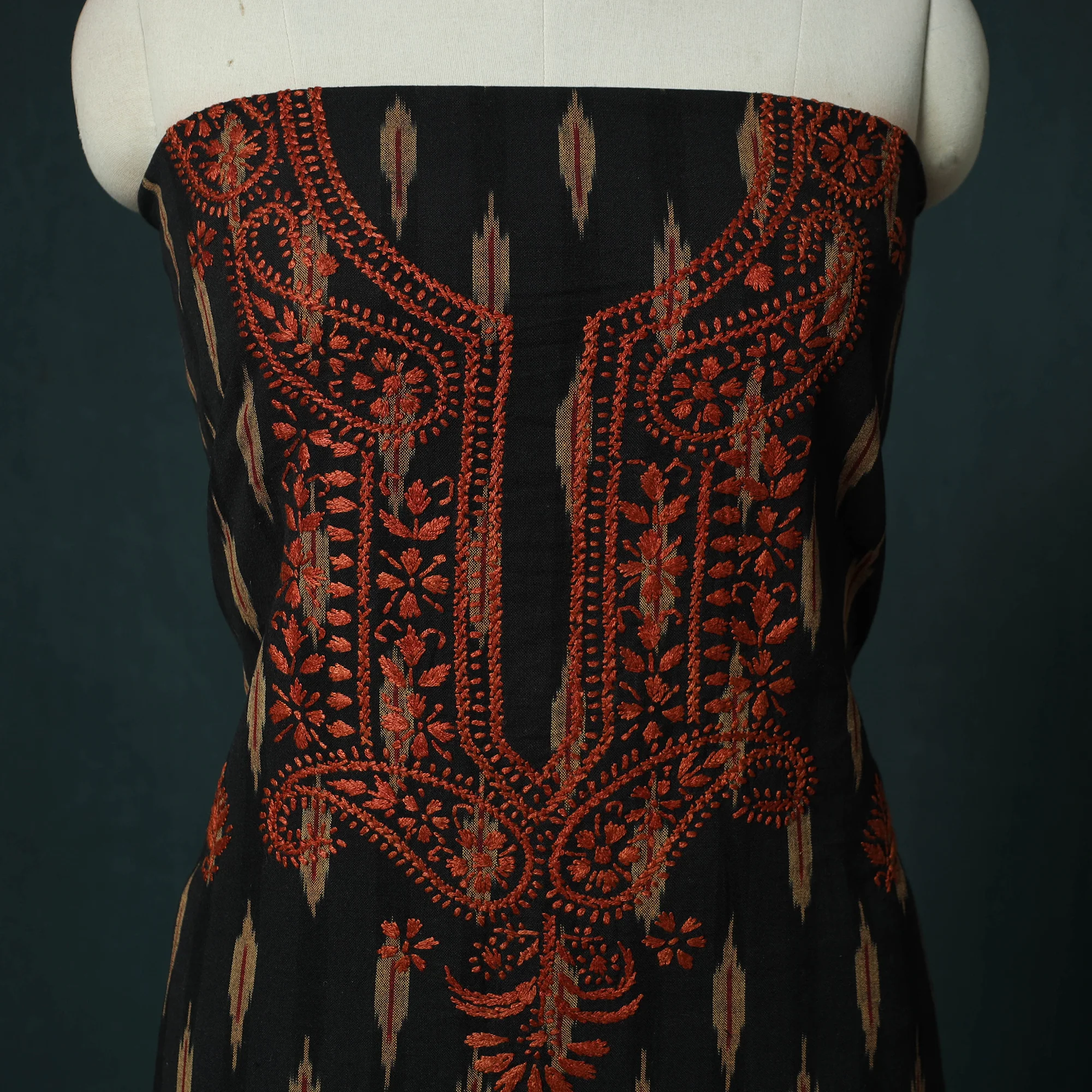 Lucknowi Chikankari Hand Embroidered Pochampally Ikat Cotton Unstitched Kurta Material (2.5M) 27 - Image 3