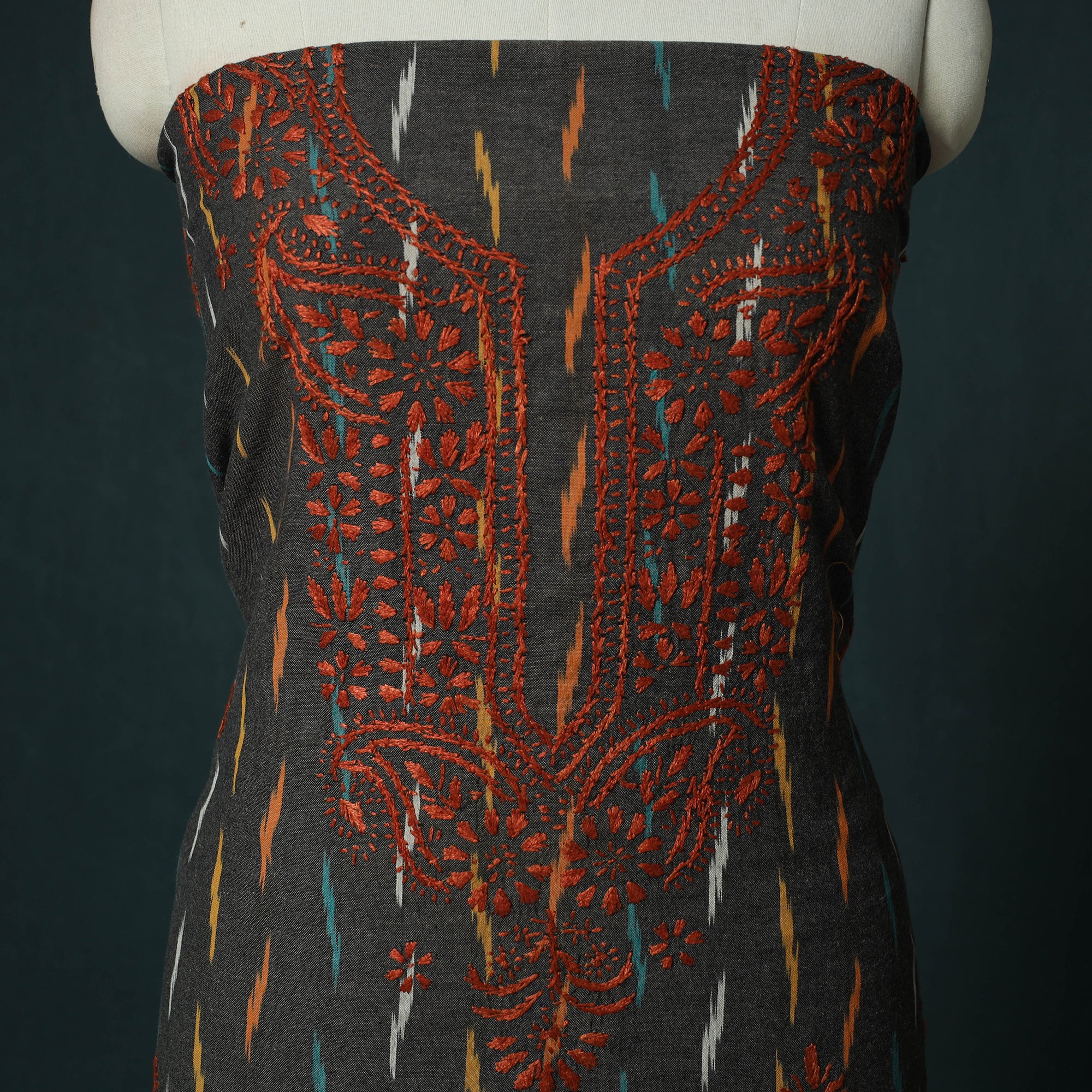 Lucknowi Chikankari Hand Embroidered Pochampally Ikat Cotton Unstitched Kurta Material (2.5M) 28 - Image 3
