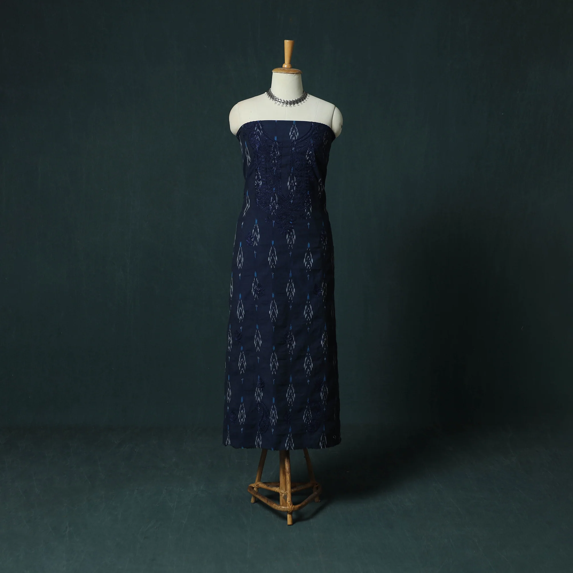 Lucknowi Chikankari Hand Embroidered Pochampally Ikat Cotton Unstitched Kurta Material (2.5M) 29