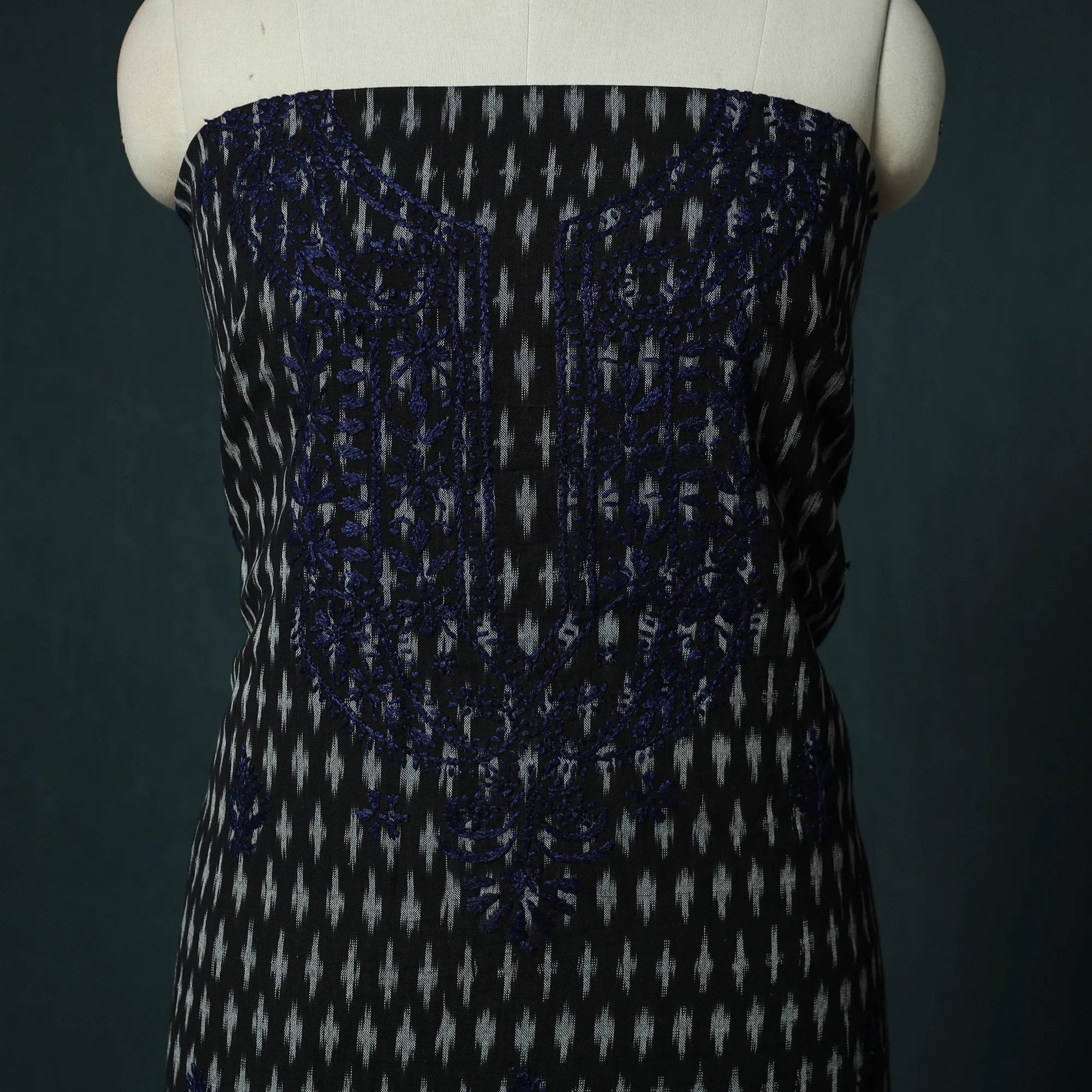 Lucknowi Chikankari Hand Embroidered Pochampally Ikat Cotton Unstitched Kurta Material (2.5M) 30 - Image 3