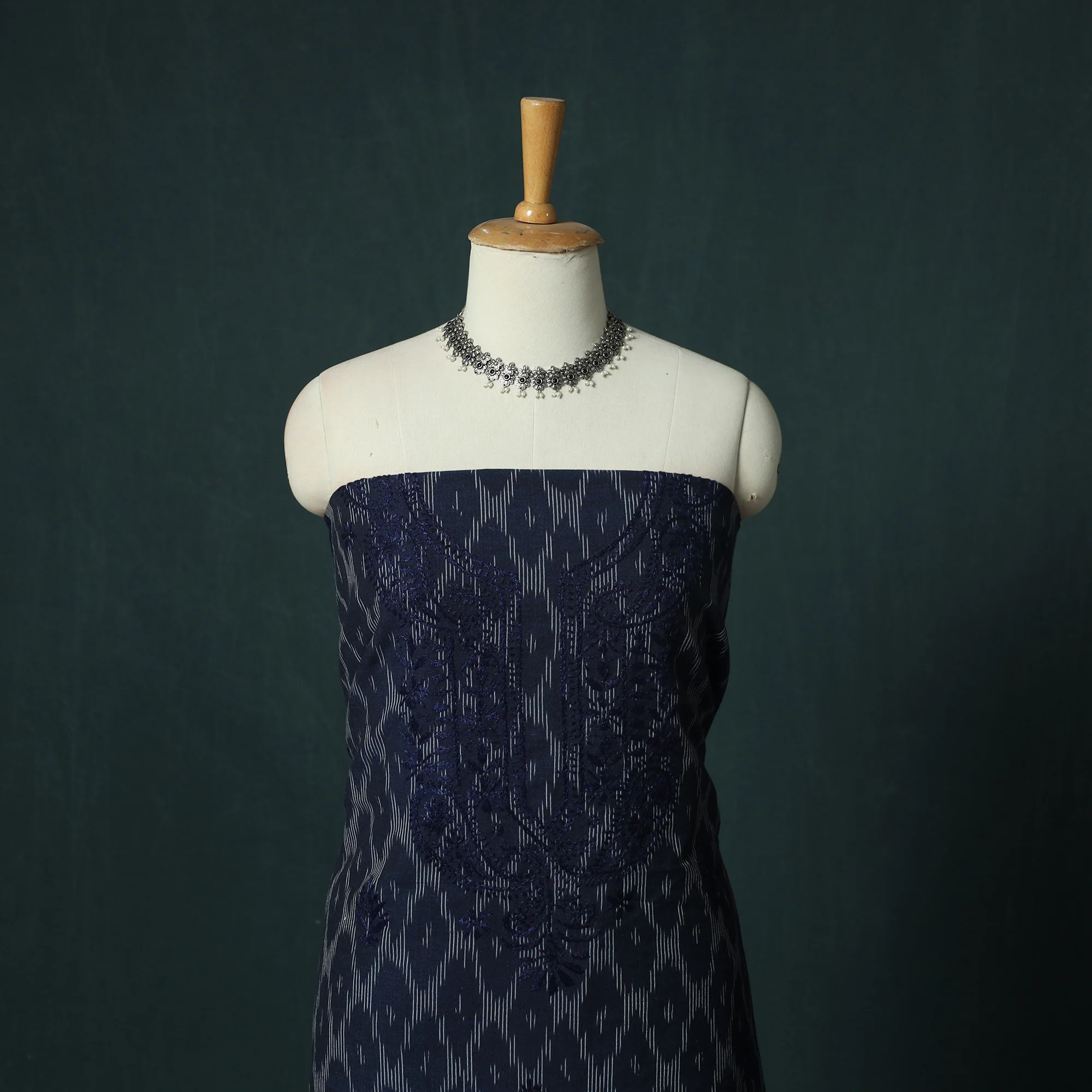 Lucknowi Chikankari Hand Embroidered Pochampally Ikat Cotton Unstitched Kurta Material (2.5M) 31 - Image 2