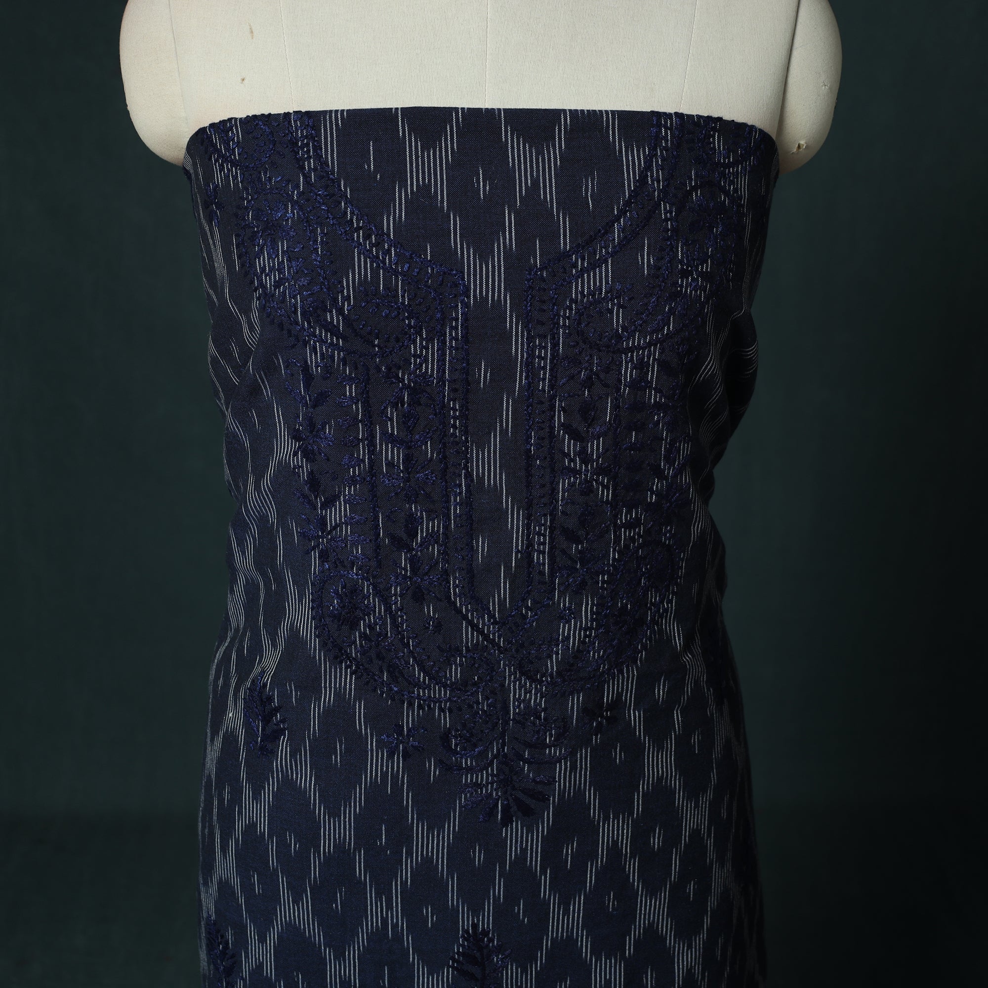 Lucknowi Chikankari Hand Embroidered Pochampally Ikat Cotton Unstitched Kurta Material (2.5M) 31 - Image 3