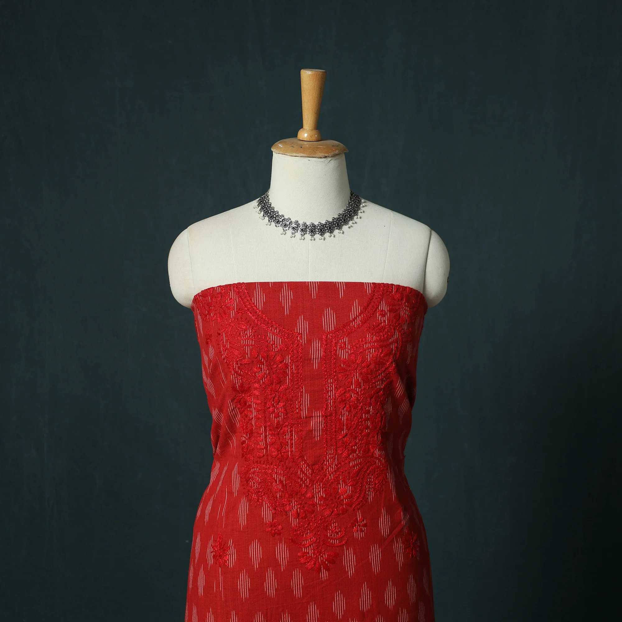 Lucknowi Chikankari Hand Embroidered Pochampally Ikat Cotton Unstitched Kurta Material (2.5M) 32 - Image 2