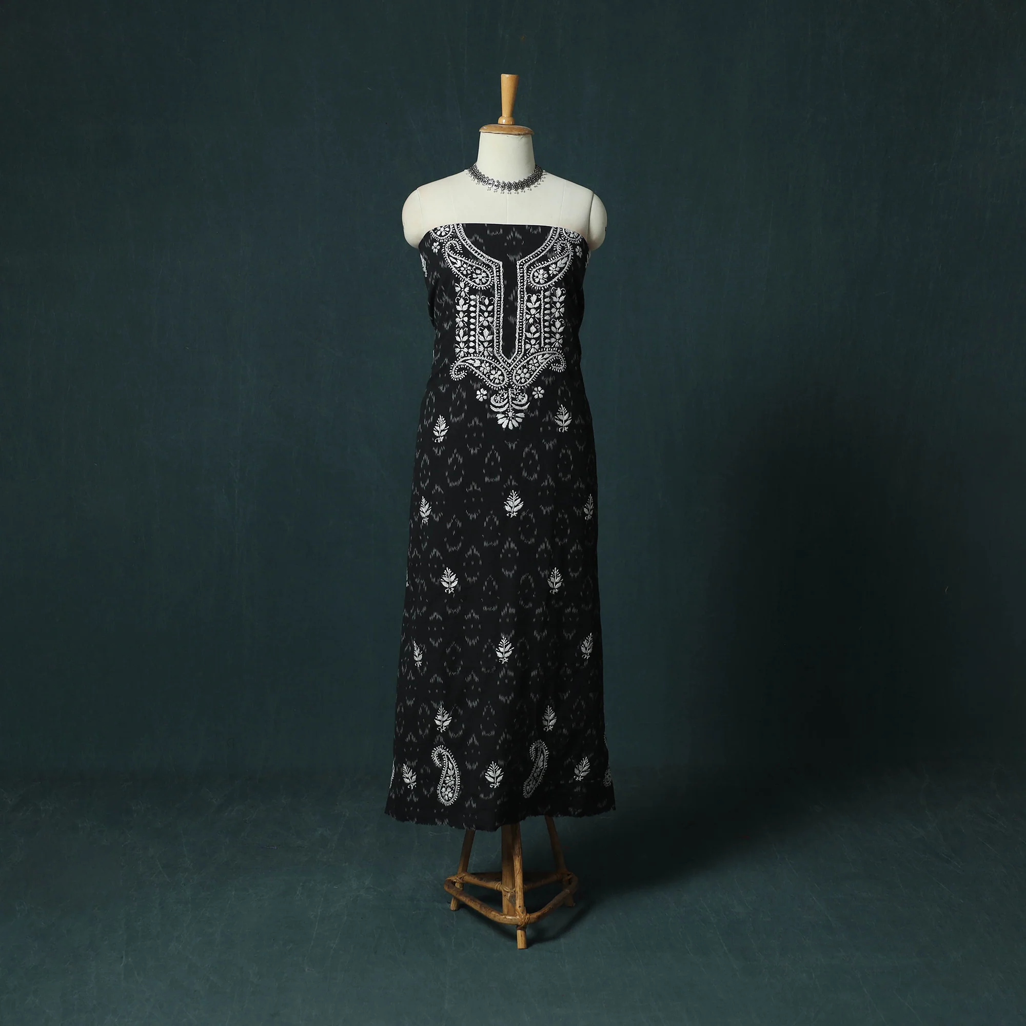 Lucknowi Chikankari Hand Embroidered Pochampally Ikat Cotton Unstitched Kurta Material (2.5M) 34
