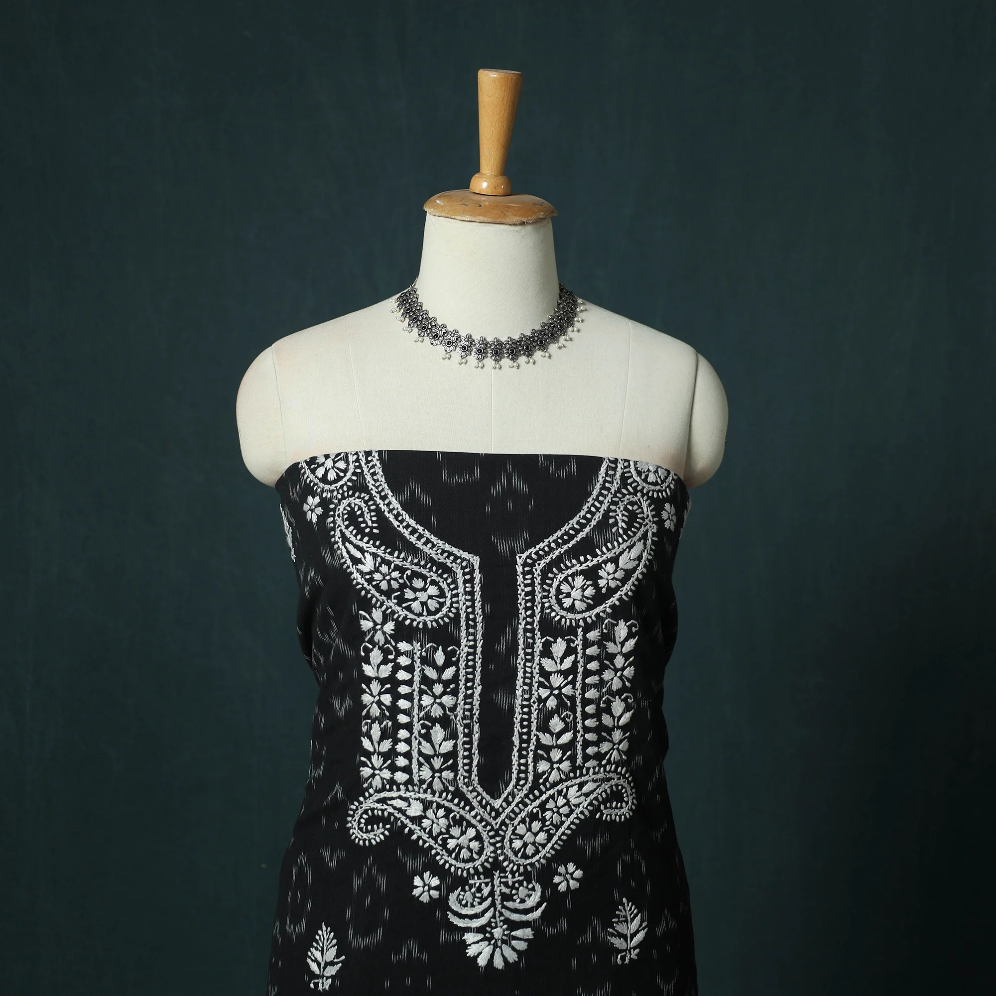 Lucknowi Chikankari Hand Embroidered Pochampally Ikat Cotton Unstitched Kurta Material (2.5M) 34 - Image 2