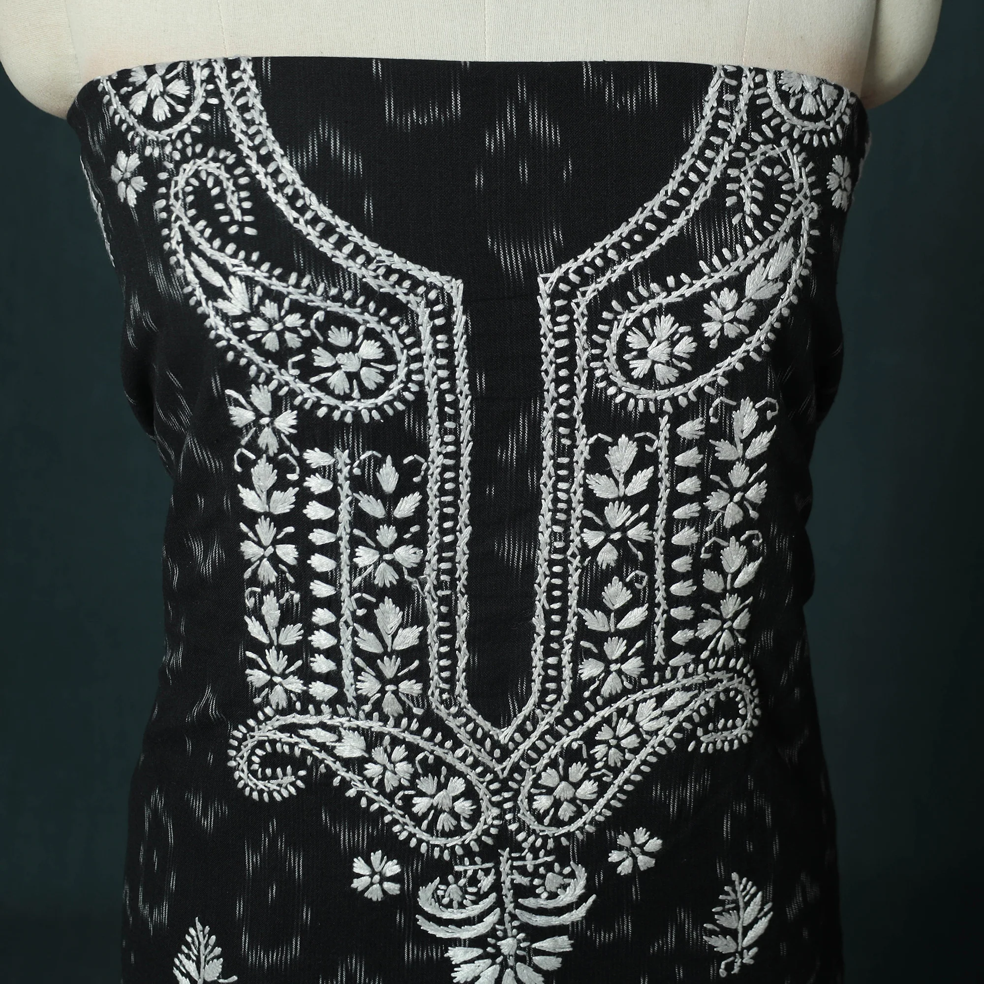 Lucknowi Chikankari Hand Embroidered Pochampally Ikat Cotton Unstitched Kurta Material (2.5M) 34 - Image 3