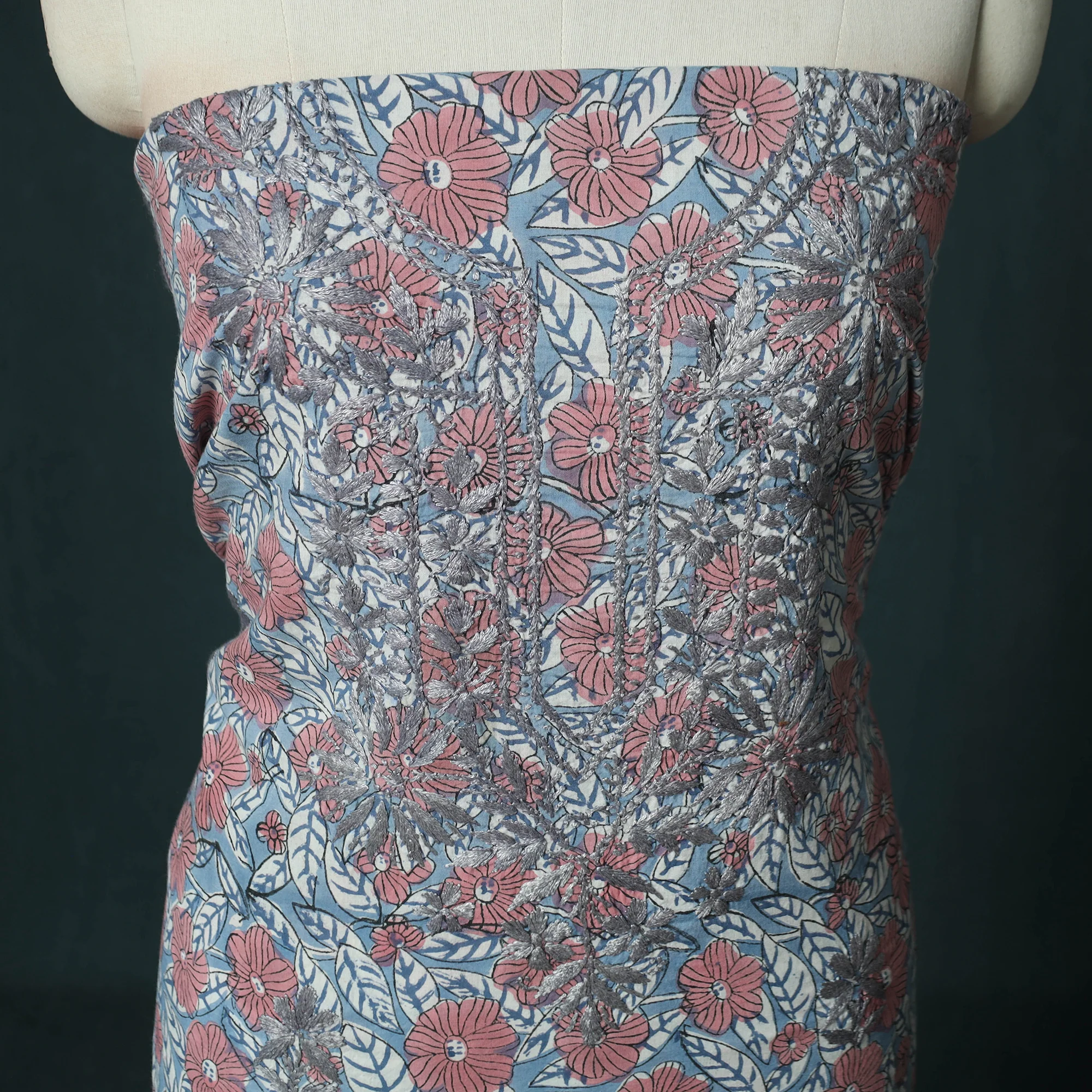 Lucknowi Chikankari Hand Embroidered Sanganeri Cotton Unstitched Kurta Material (2.5M) 47 - Image 3