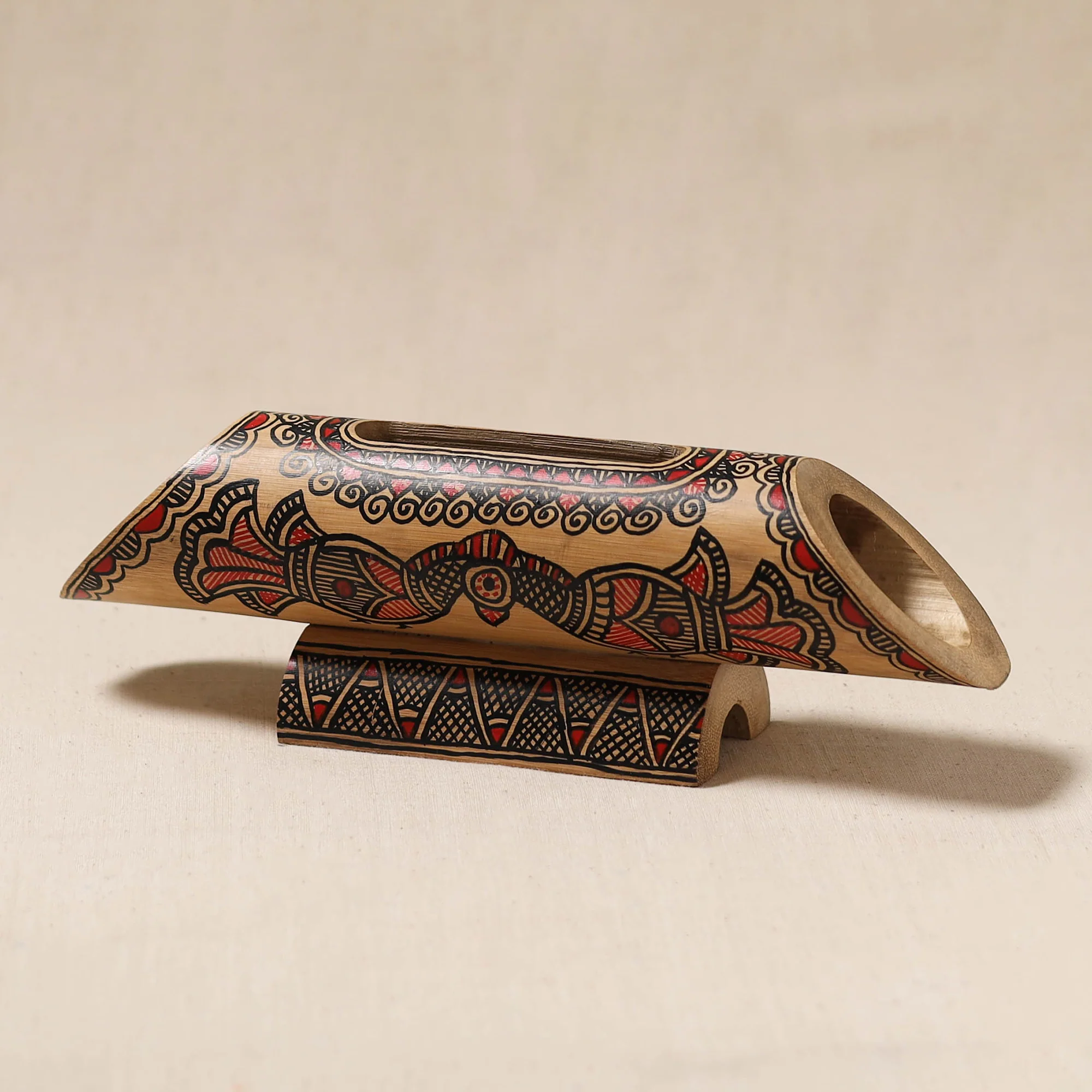 Brown - Madhubani Handpainted Hand Carved Natural Bamboo Phone Audio Amplifier Speaker 01 - Image 3