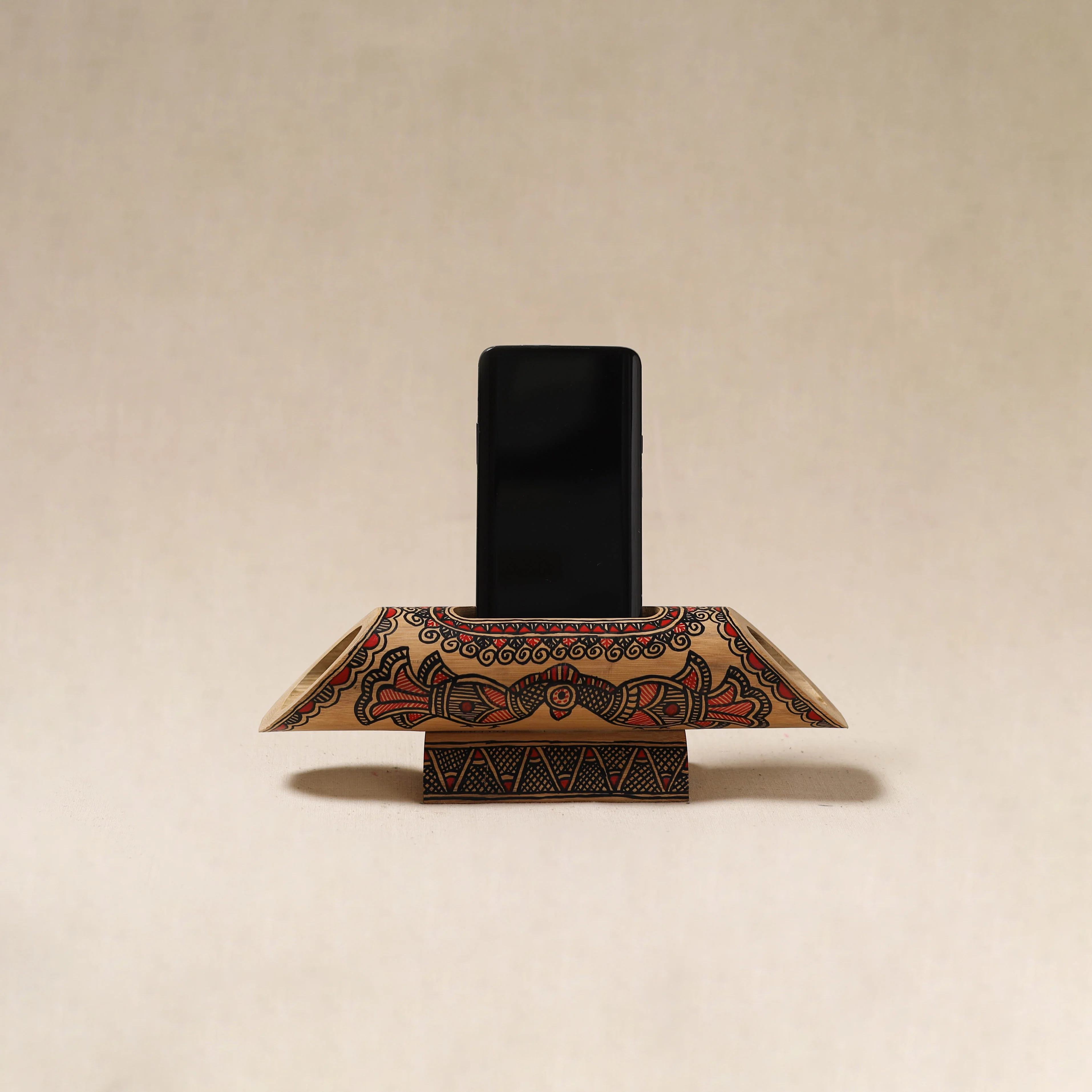 Brown - Madhubani Handpainted Hand Carved Natural Bamboo Phone Audio Amplifier Speaker 01 - Image 5