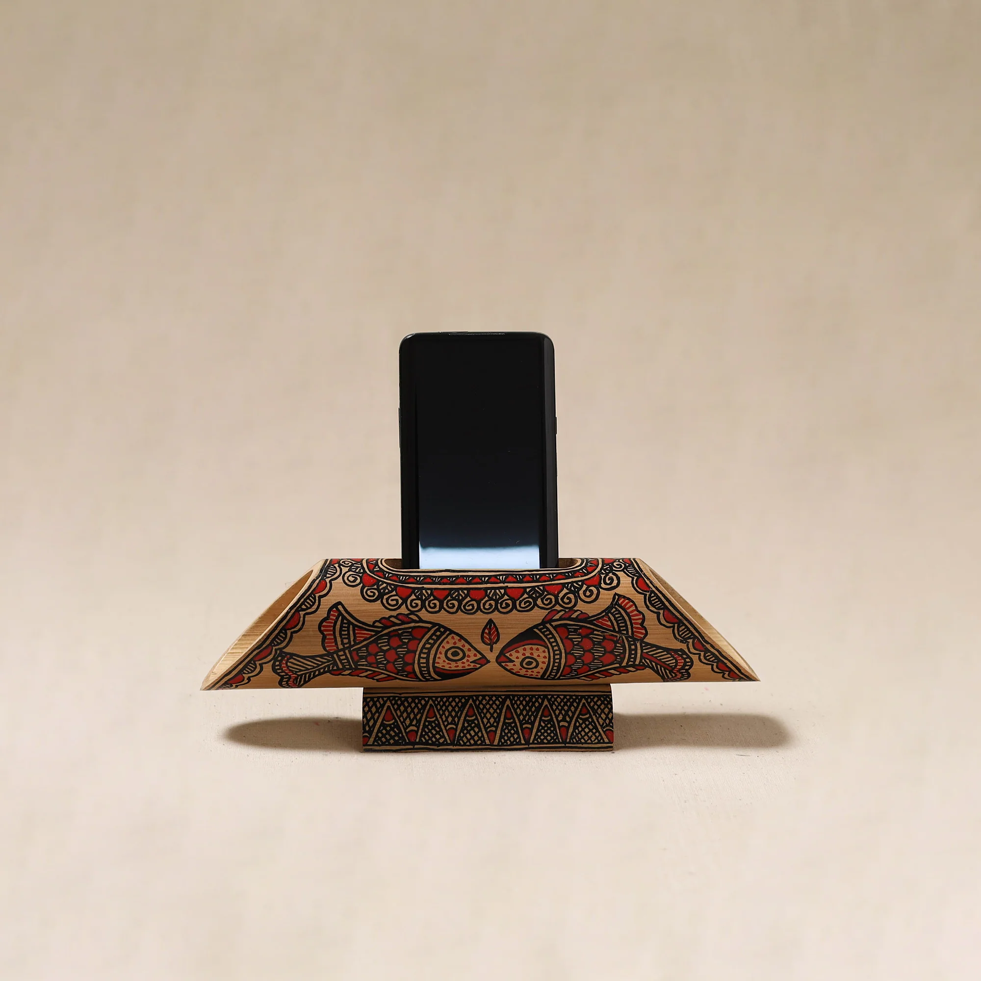 Brown - Madhubani Handpainted Hand Carved Natural Bamboo Phone Audio Amplifier Speaker 02 - Image 5