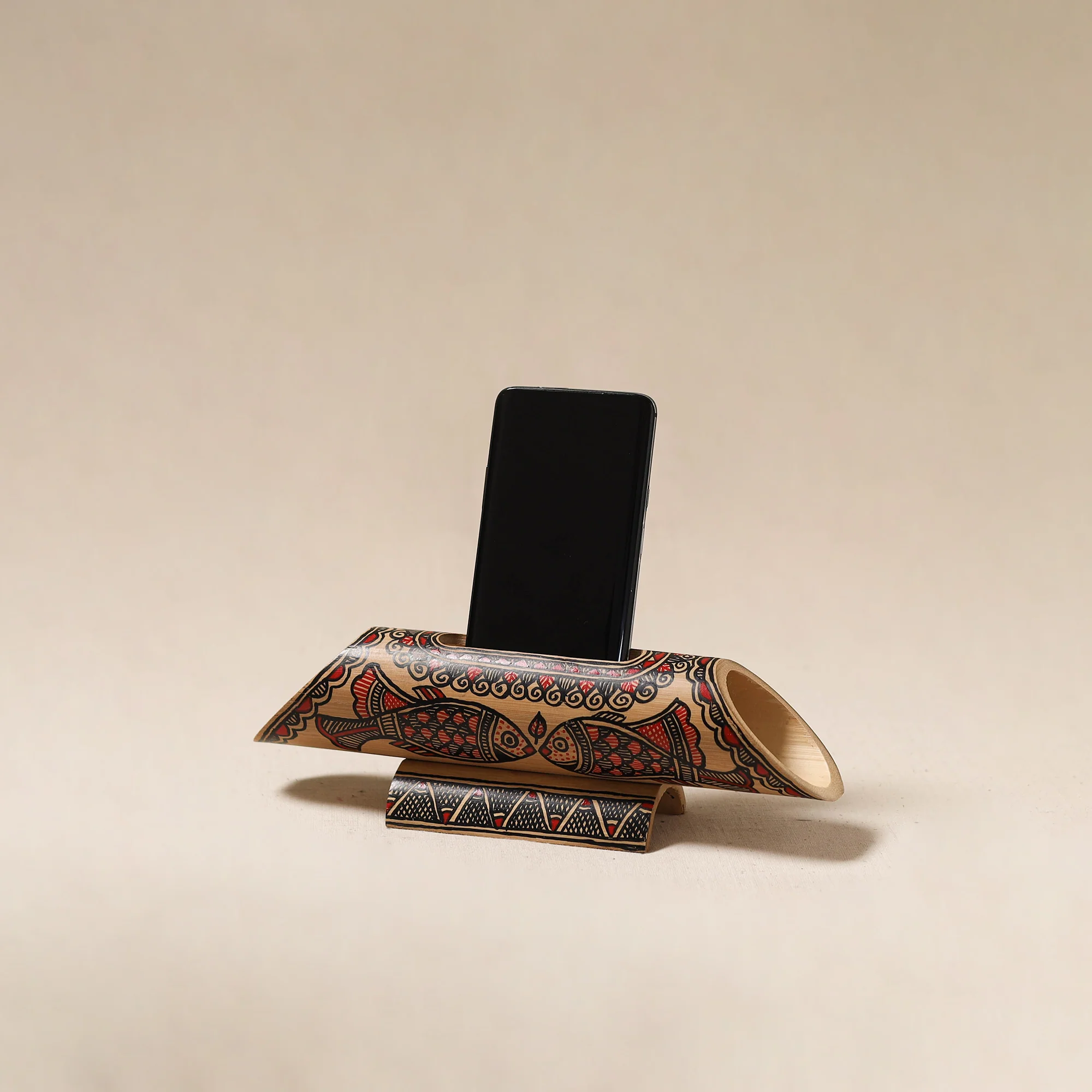 Brown - Madhubani Handpainted Hand Carved Natural Bamboo Phone Audio Amplifier Speaker 03