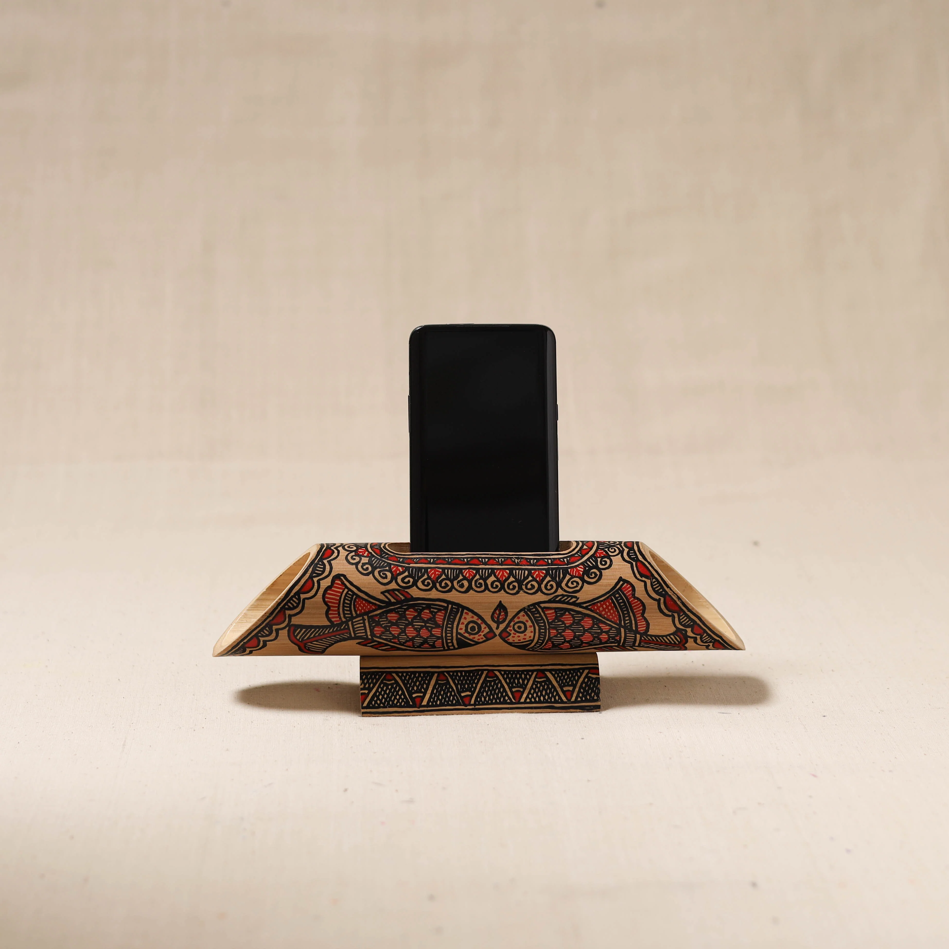 Brown - Madhubani Handpainted Hand Carved Natural Bamboo Phone Audio Amplifier Speaker 03 - Image 5