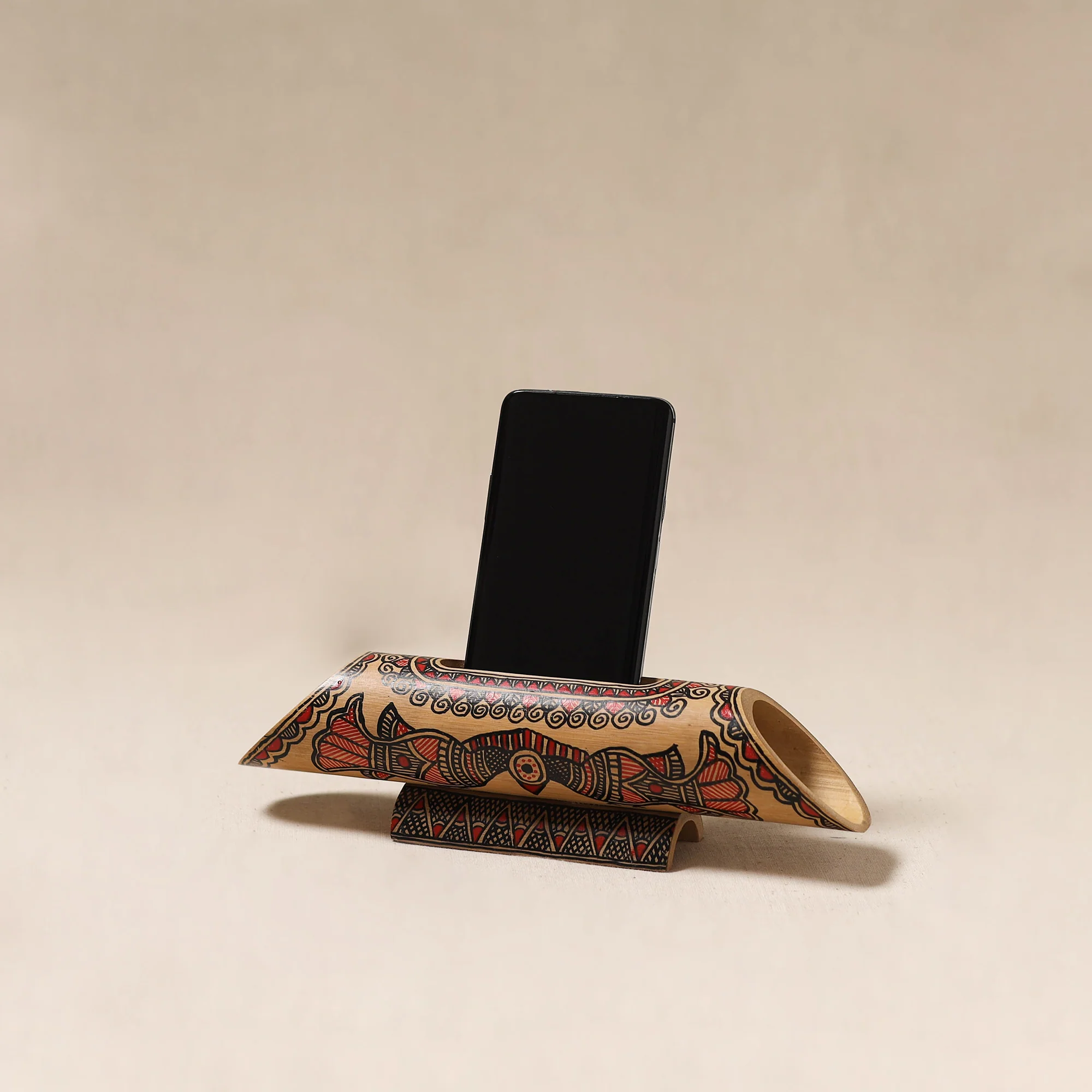 Brown - Madhubani Handpainted Hand Carved Natural Bamboo Phone Audio Amplifier Speaker 05