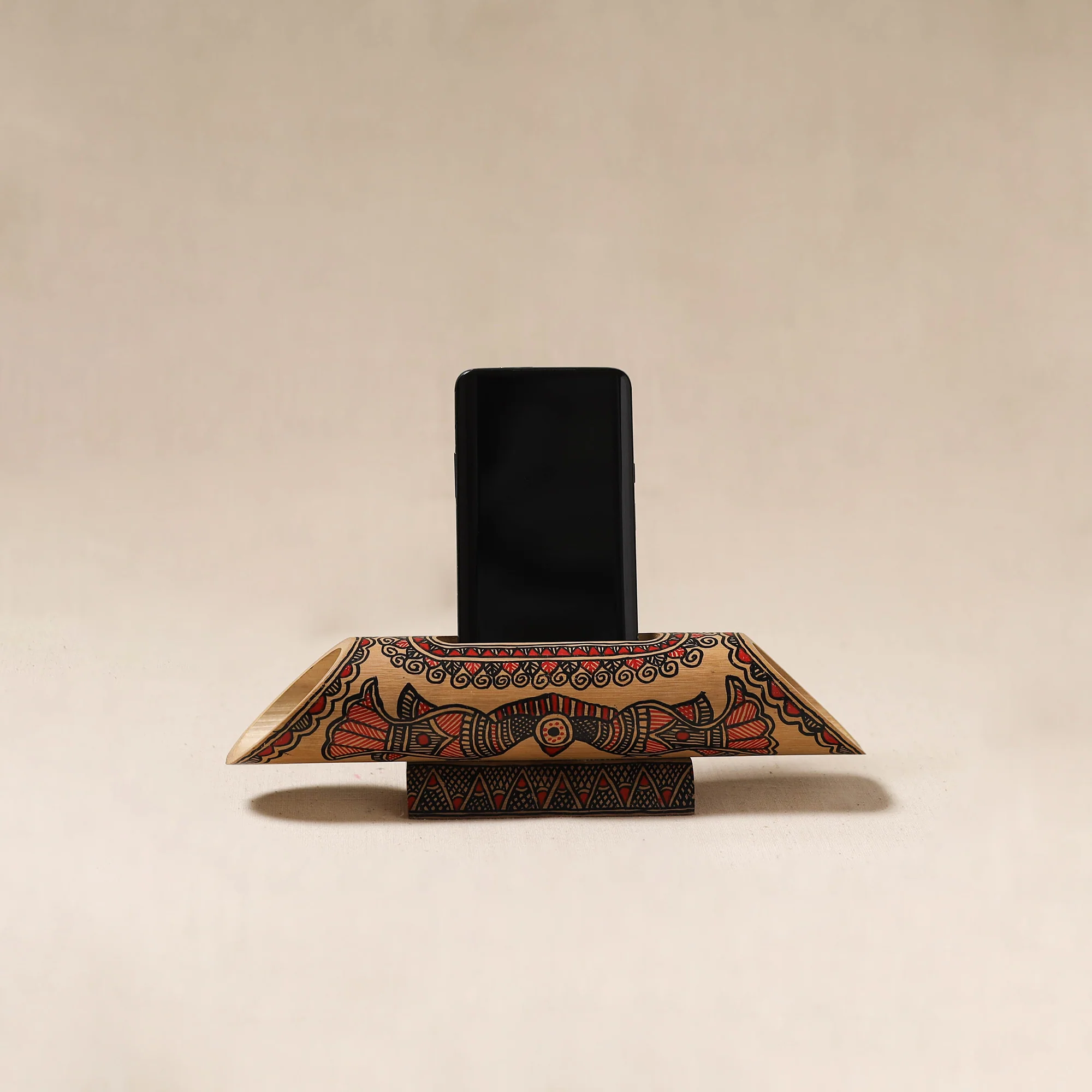 Brown - Madhubani Handpainted Hand Carved Natural Bamboo Phone Audio Amplifier Speaker 05 - Image 5