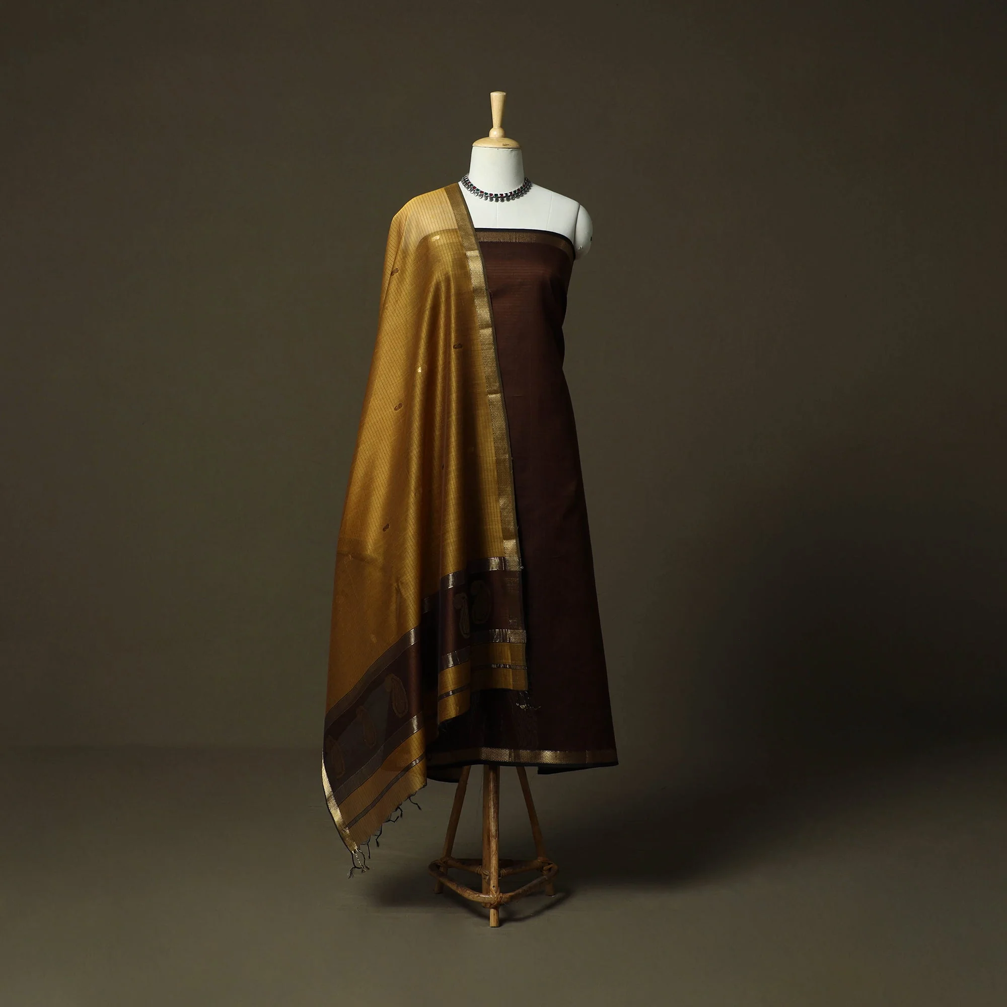 Brown - Maheshwari Silk Handloom 2pc Unstitched Dress Material with Zari Border 33