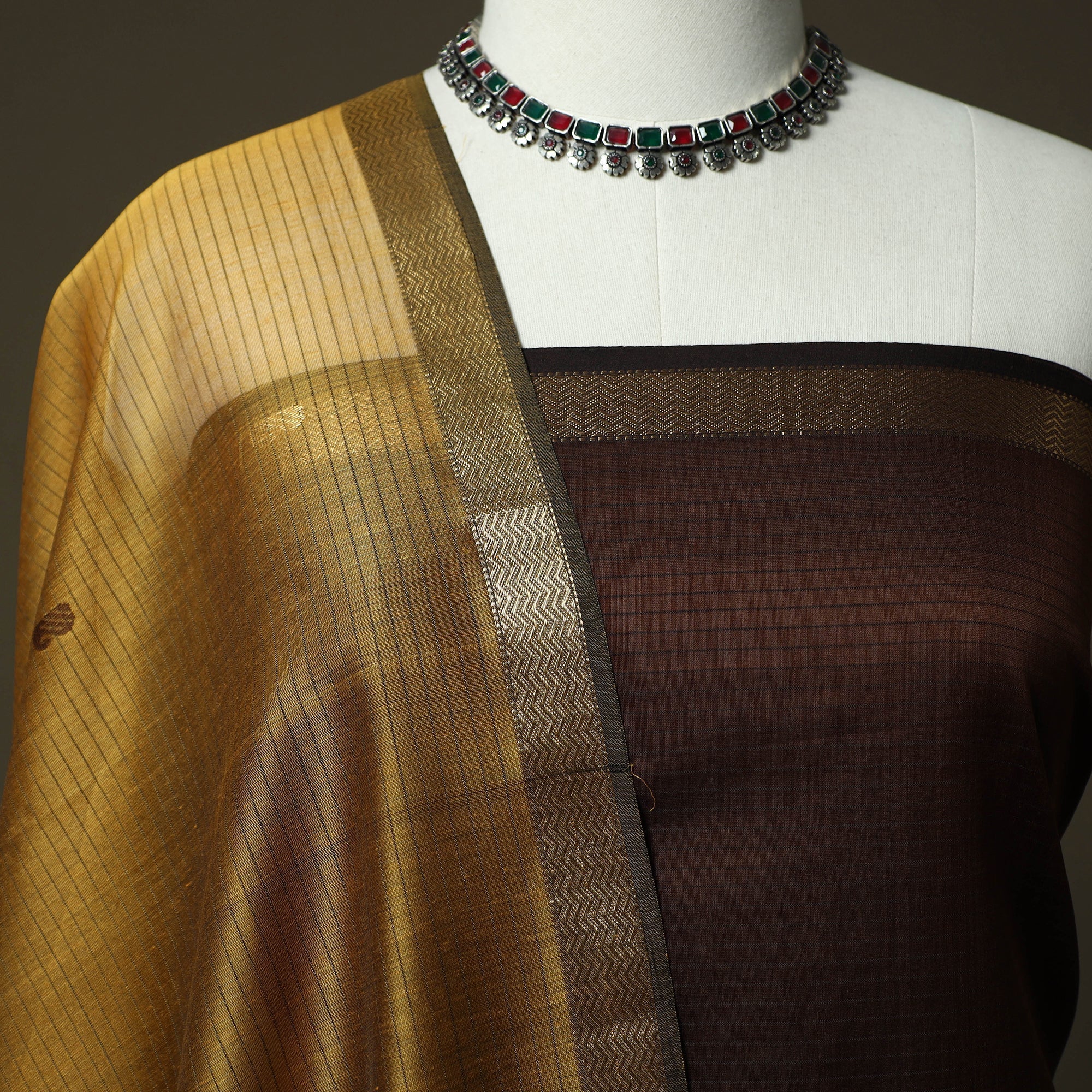 Brown - Maheshwari Silk Handloom 2pc Unstitched Dress Material with Zari Border 33 - Image 2