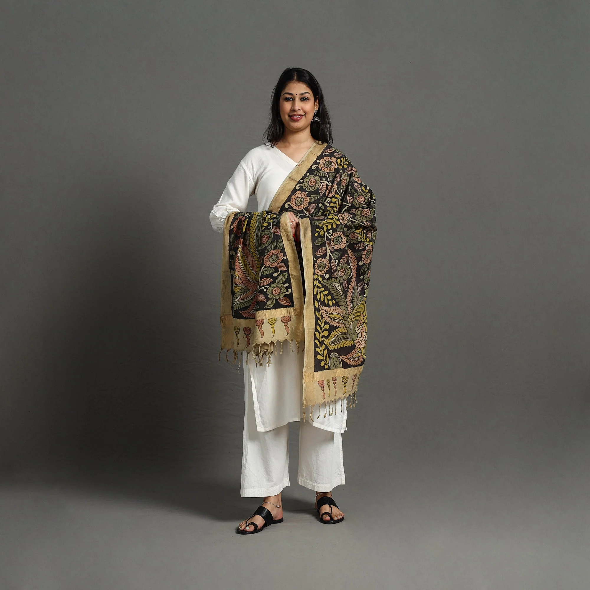 Black - Mangalagiri Cotton Handpainted Pen Work Kalamkari Dupatta 18 - Image 3