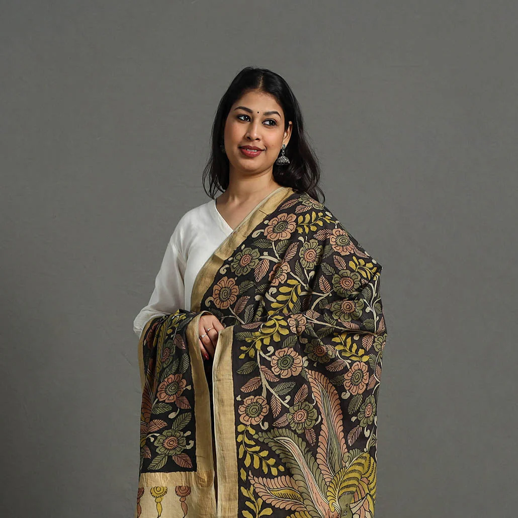 Black - Mangalagiri Cotton Handpainted Pen Work Kalamkari Dupatta 18 - Image 4
