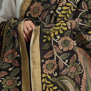 Black - Mangalagiri Cotton Handpainted Pen Work Kalamkari Dupatta 18 - Image 5