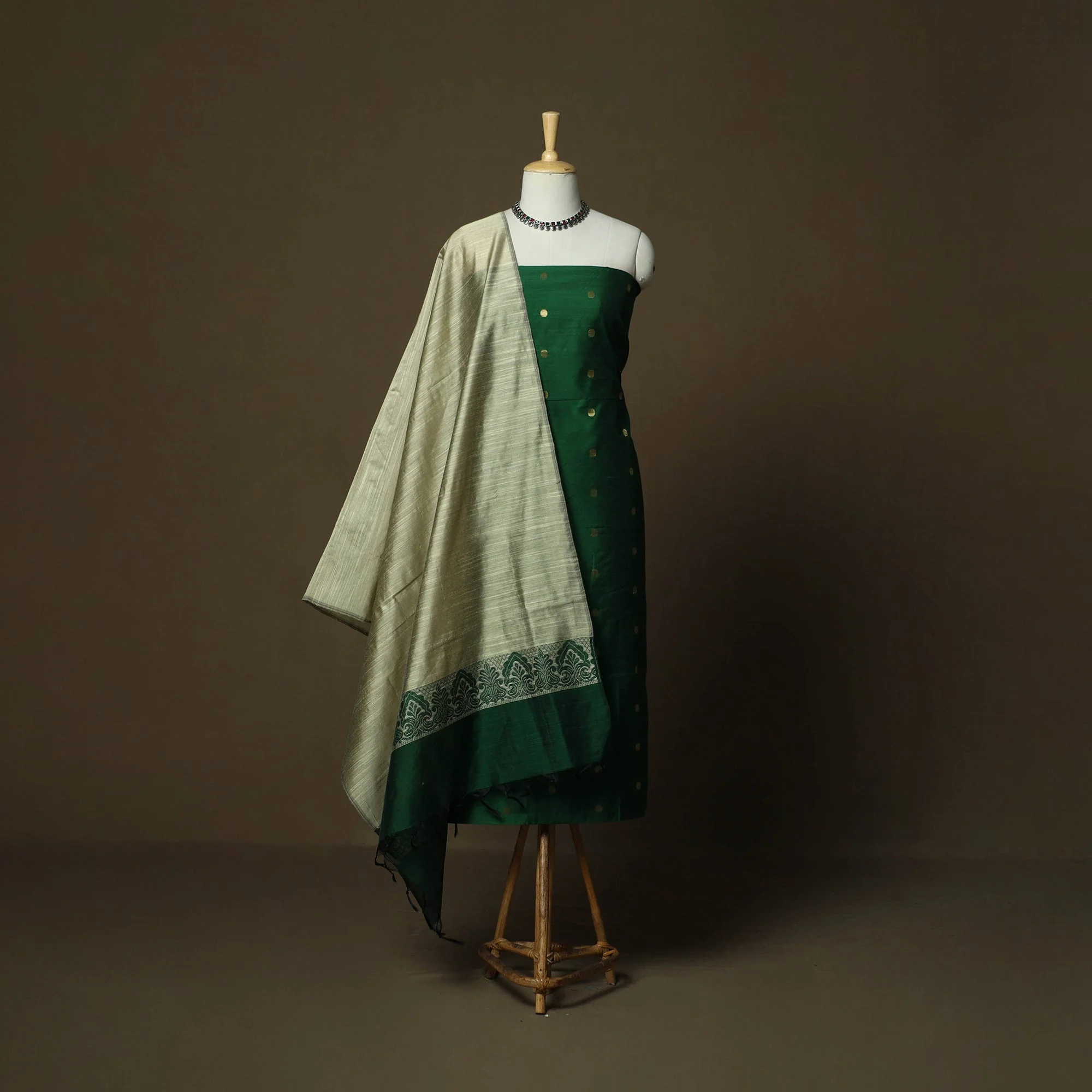 Green - Mangalagiri Silk Cotton Thread Work 3pc Unstitched Dress Material 127 - Image 2