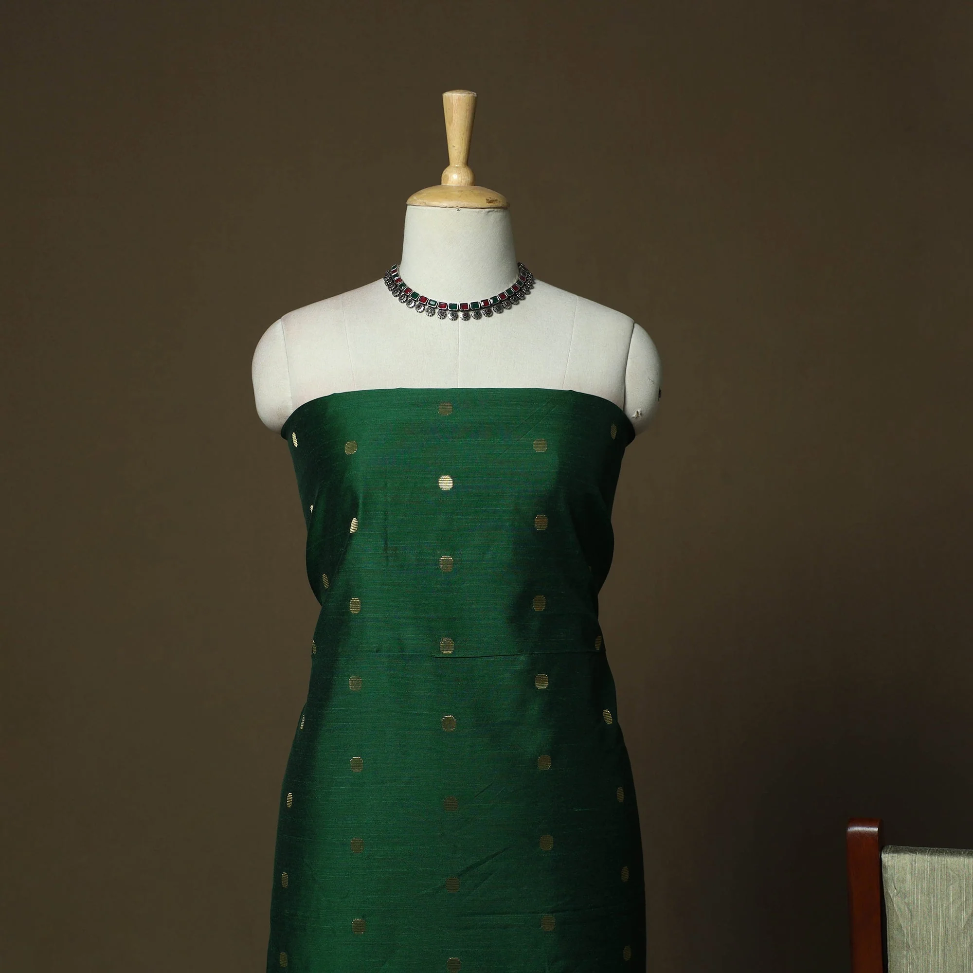 Green - Mangalagiri Silk Cotton Thread Work 3pc Unstitched Dress Material 127 - Image 3